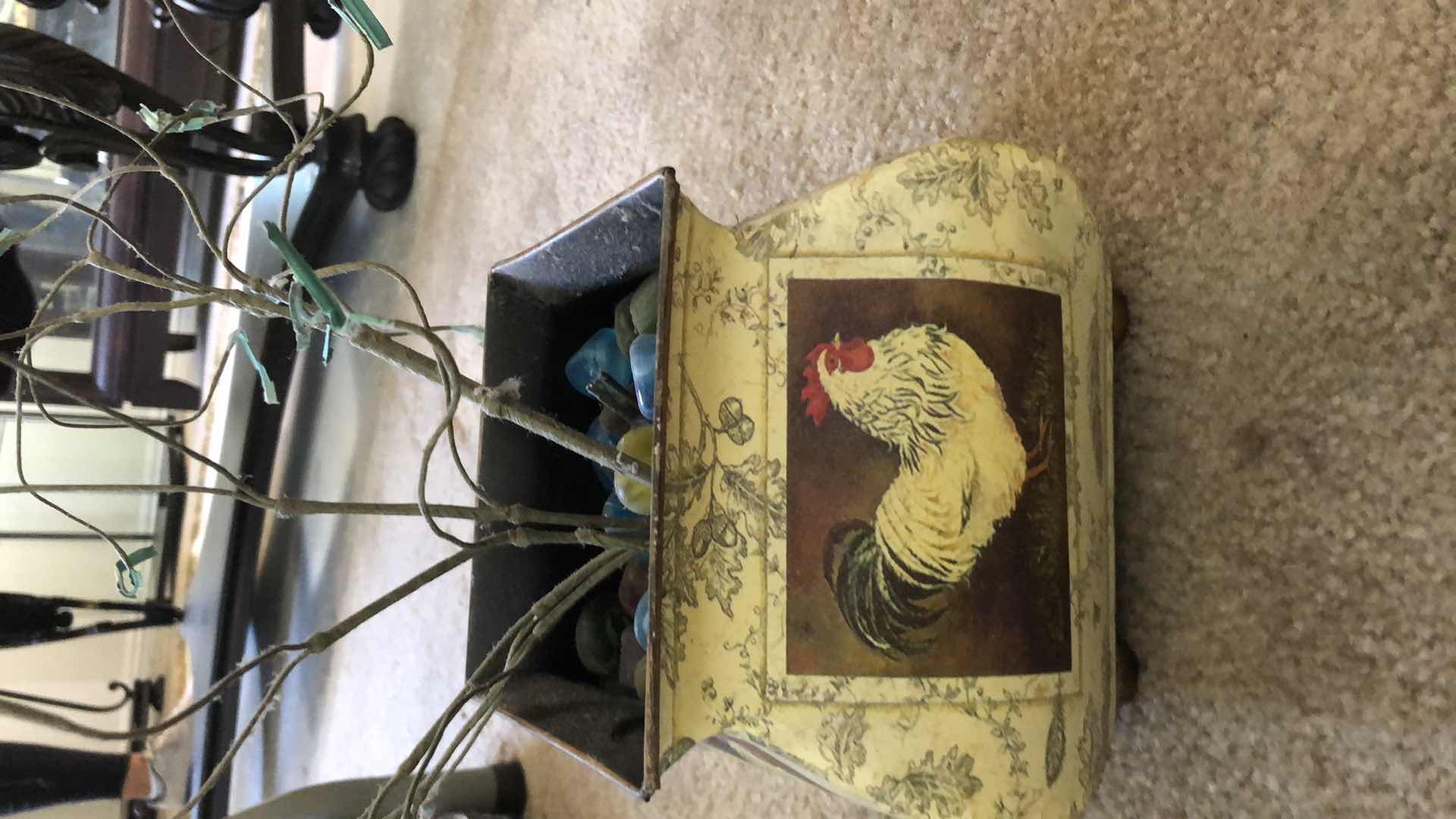 Photo 1 of HOME DECOR, TWO DECORATIVE PLANT HOLDERS AND WOODEN HAND PAINTED BAG HOLDER