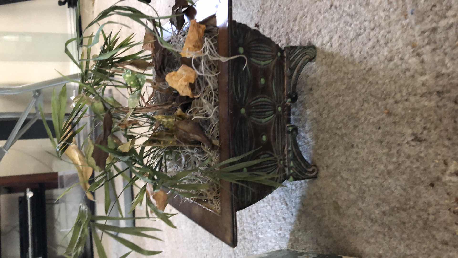 Photo 1 of HOME DECOR, TWO DECORATIVE PLANT HOLDERS AND WOODEN HAND PAINTED BAG HOLDER