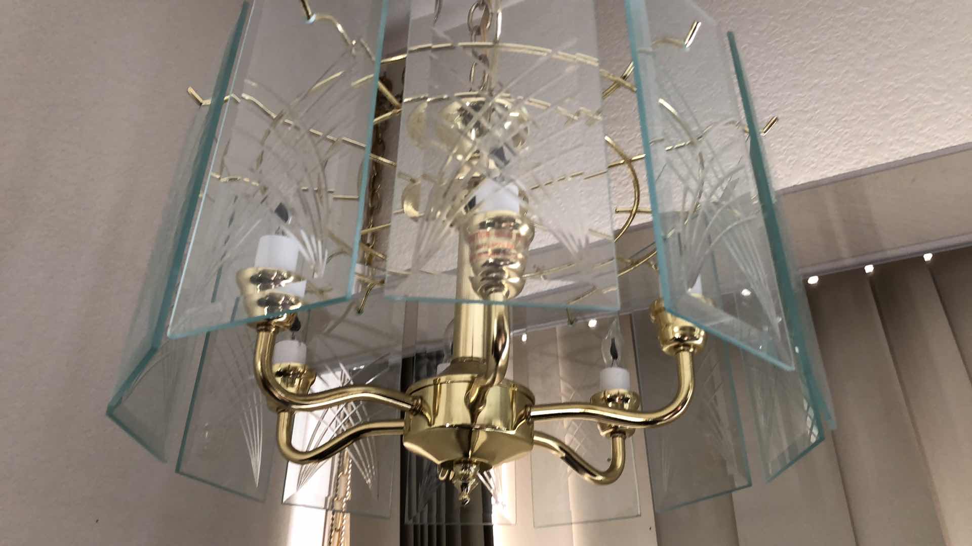 Photo 3 of ETCHED GLASS W/ BRASS HANGING SWAG LAMP