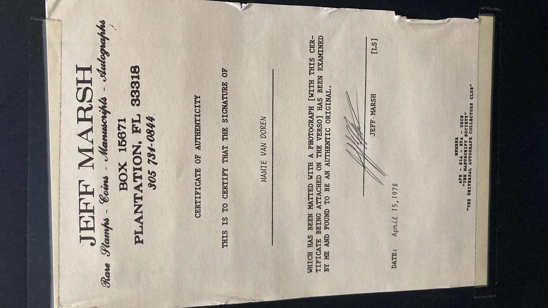 Photo 4 of MAMIE VAN DOREN AUTOGRAPHED PHOTO W COA