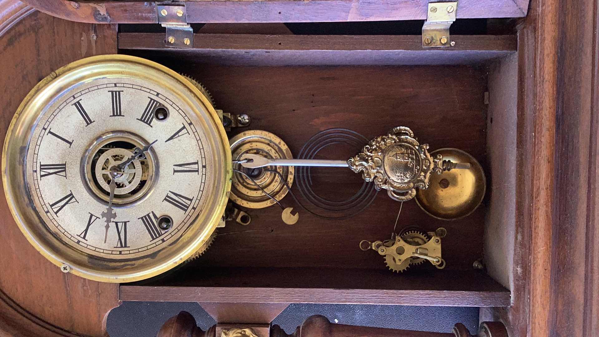 Photo 1 of ANTIQUE WELSH WALNUT PEACOCK PARLOR CLOCK 12” X 4” H 23”