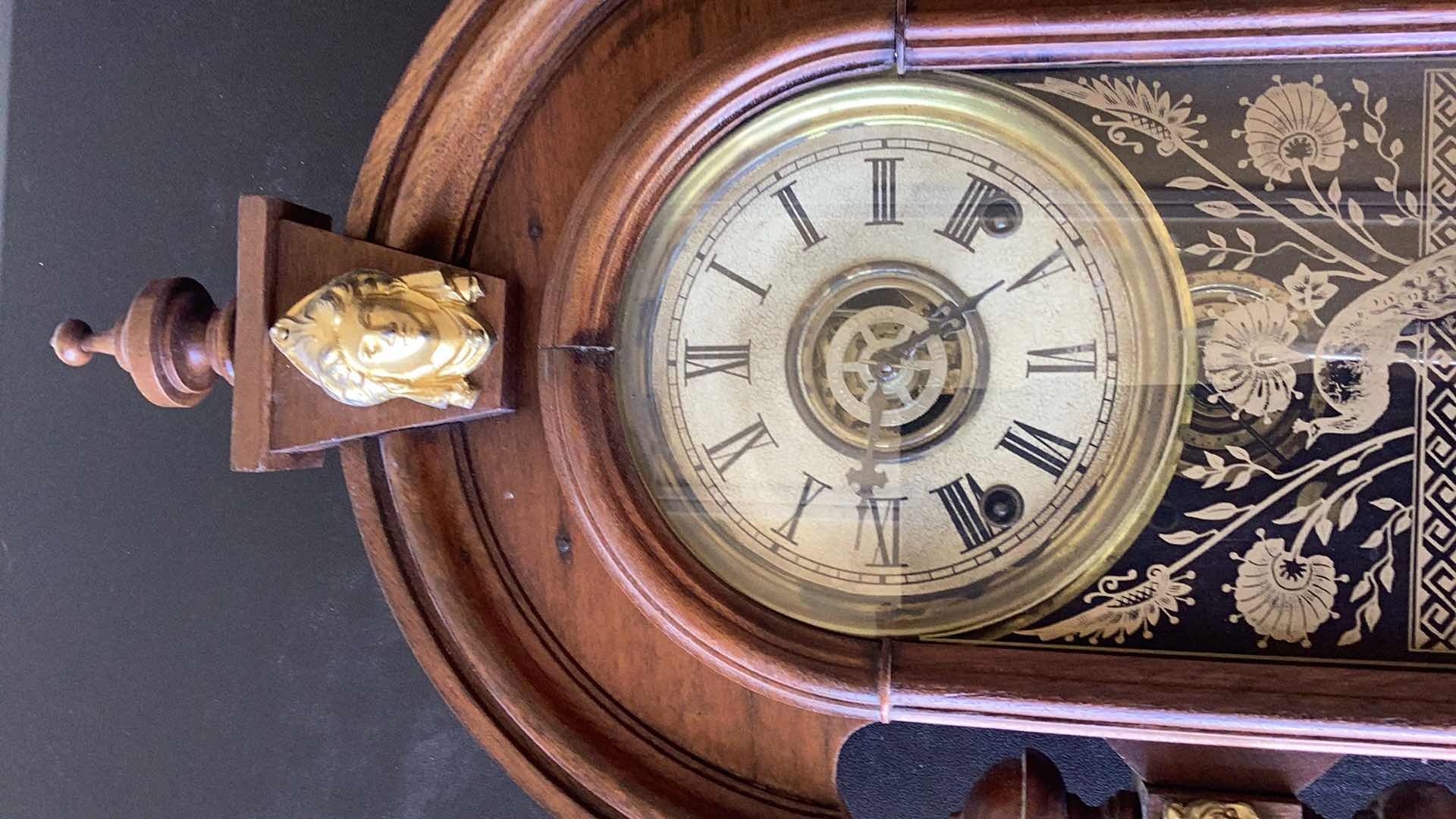 Photo 1 of ANTIQUE WELSH WALNUT PEACOCK PARLOR CLOCK 12” X 4” H 23”