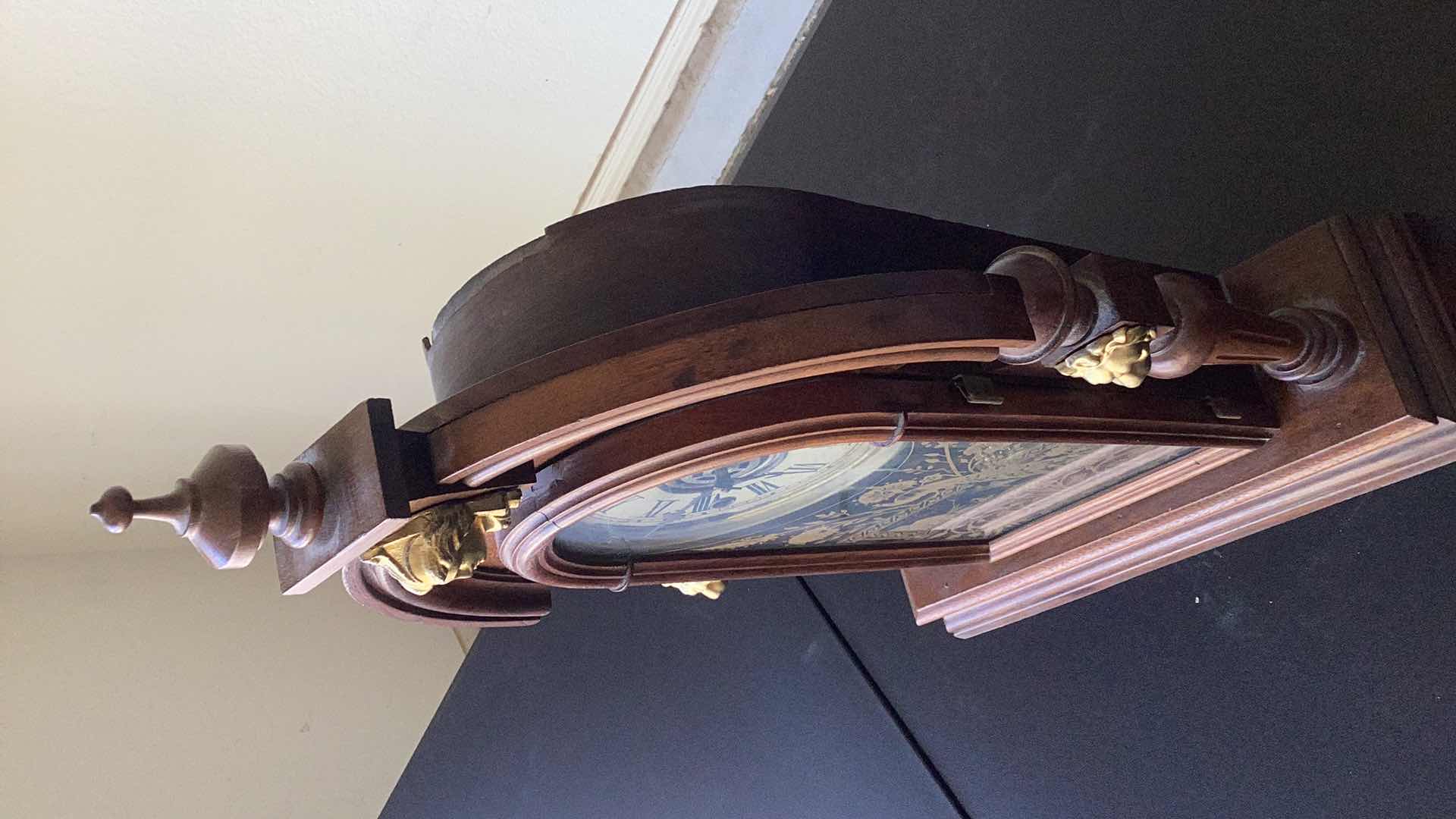 Photo 1 of ANTIQUE WELSH WALNUT PEACOCK PARLOR CLOCK 12” X 4” H 23”