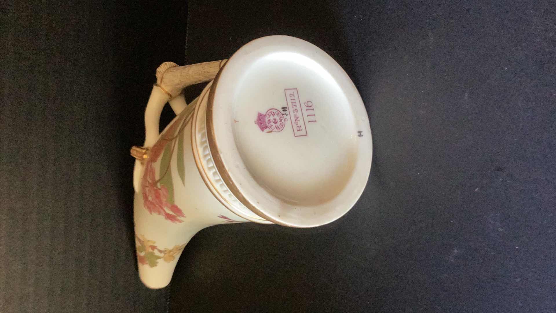 Photo 1 of ROYAL WORCESTER ANTIQUE PORCELAIN ANTLER HANDLED PITCHER 8” TALL 