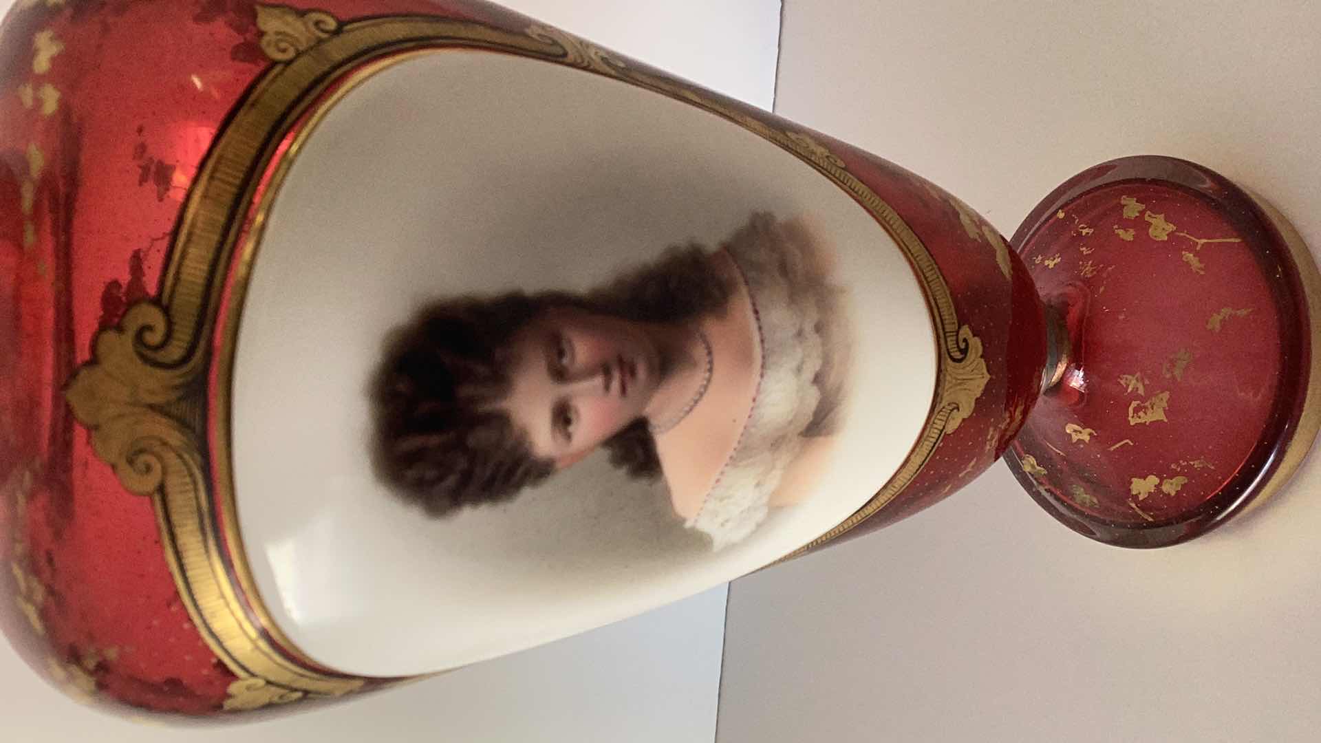 Photo 1 of ANTIQUE 1800’S BOHEMIAN CRANBERRY HAND PAINTED GLASS PORTRAIT VASE 10 1/2” TALL 