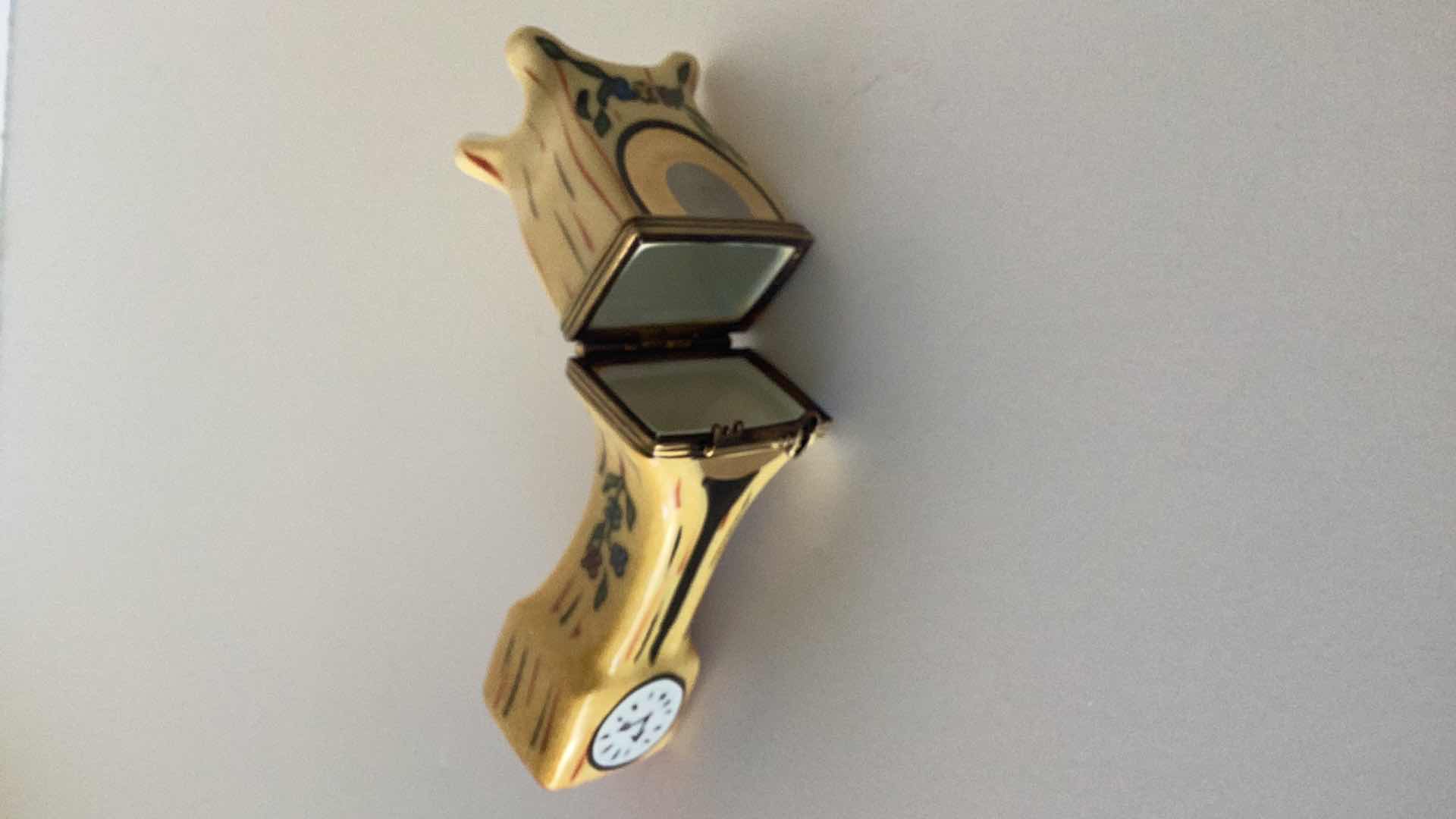 Photo 1 of LIMOGES FRANCE CERAMIC GRAND FATHER CLOCK TRINKET PILL BOX 4” TALL 