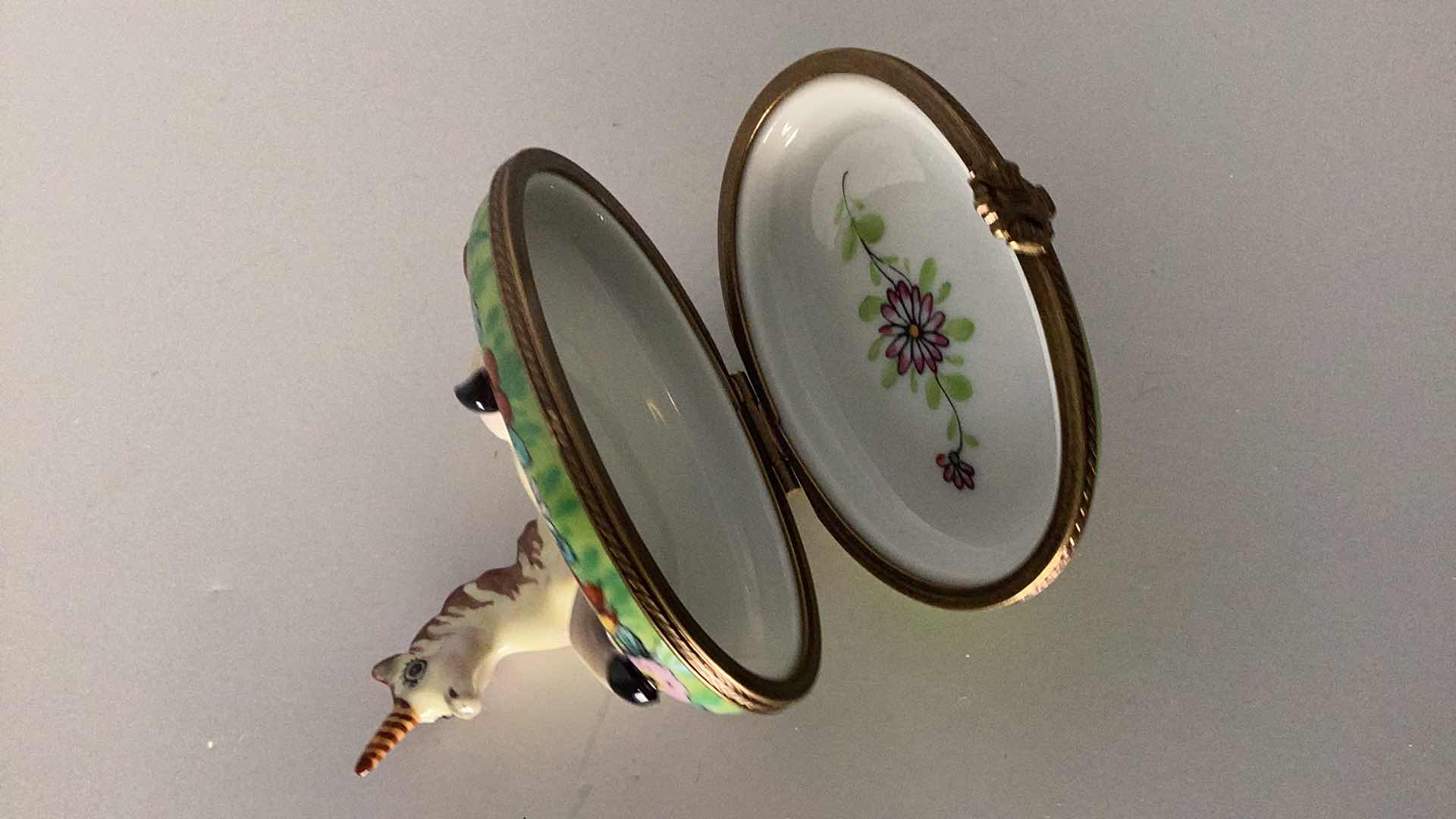 Photo 1 of LIMOGES FRANCE UNICORN PILL BOX 2 1/2” LONG 