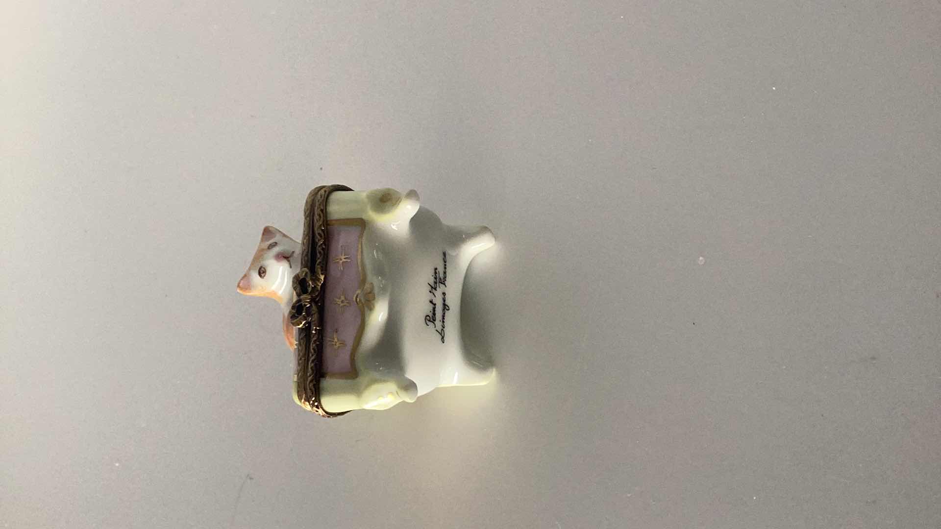 Photo 1 of LIMOGES FRANCE CAT ON A CHAIR PILL BOX 2 1/2” TALL 