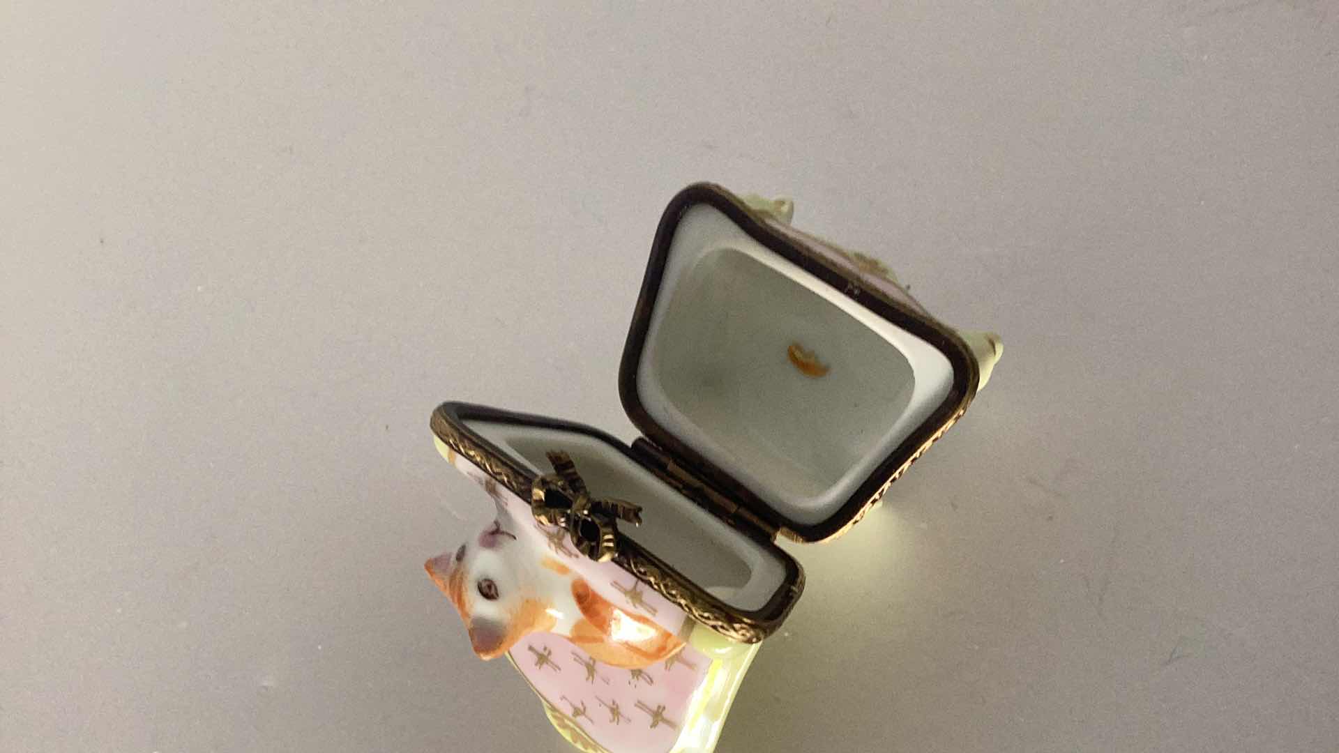 Photo 2 of LIMOGES FRANCE CAT ON A CHAIR PILL BOX 2 1/2” TALL 