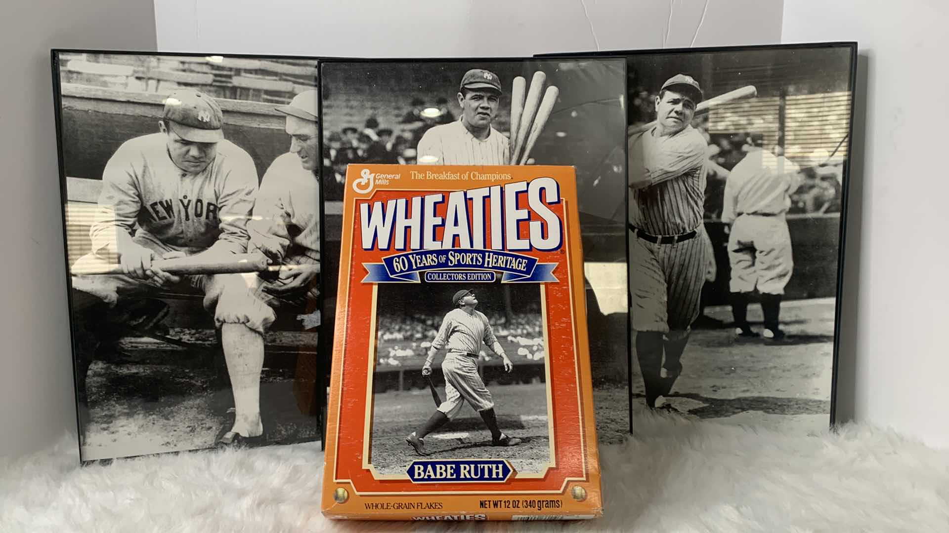 Photo 1 of BABE RUTH COLLECTIBLES, 3 - 11” x 14” FRAMED PHOTOS and SEALED WHEATIES