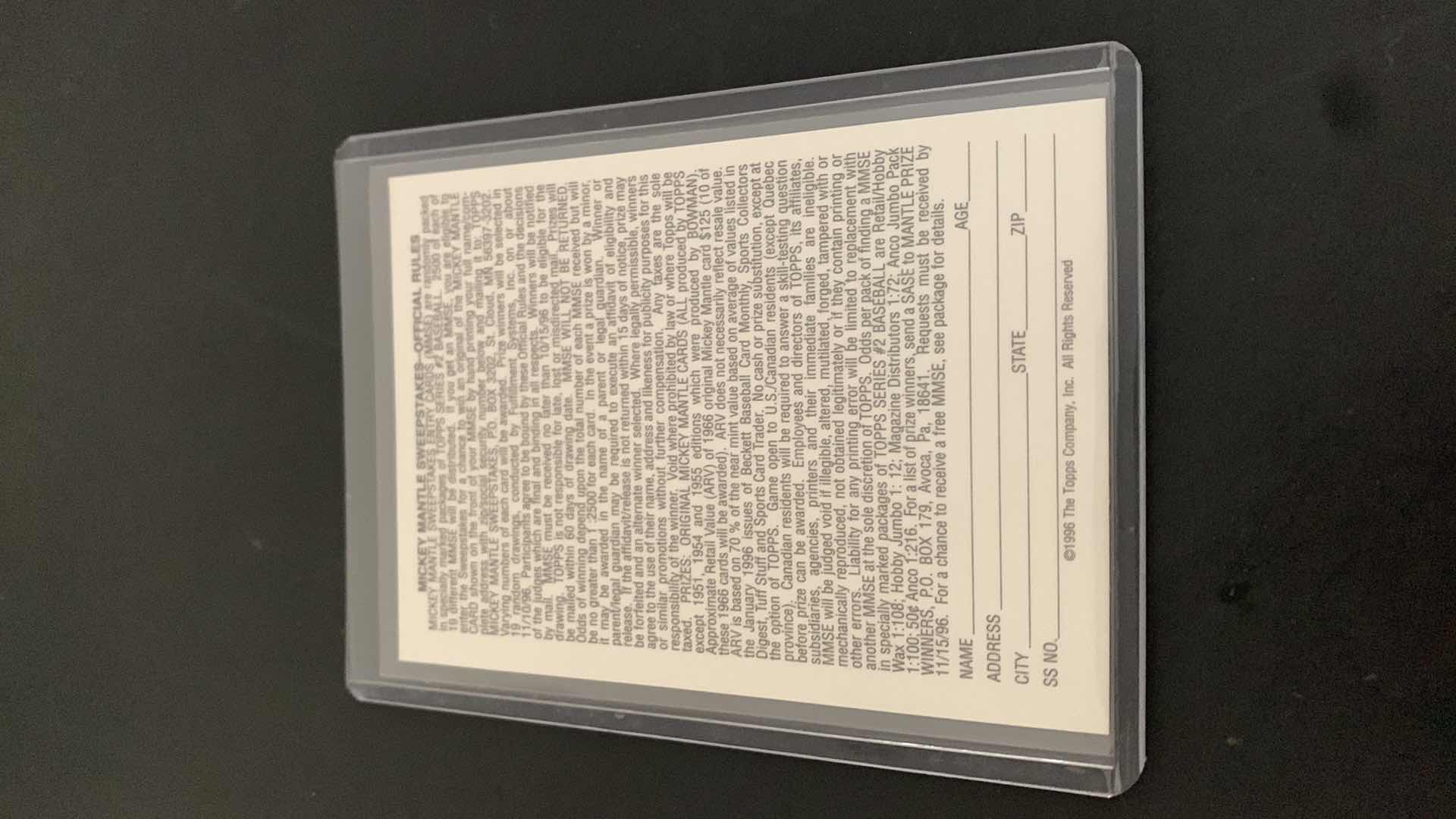 Photo 1 of 1996 TOPPS MICKEY MANTLE YANKEES SWEEPSTAKES CARD