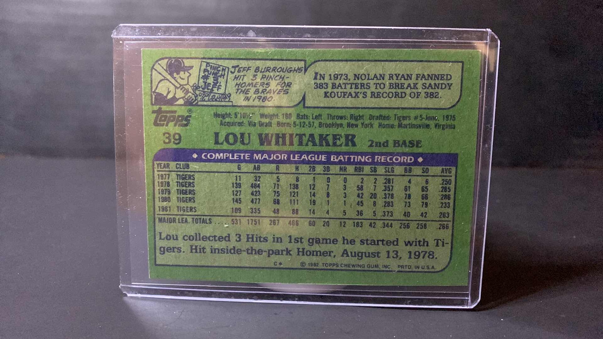 Photo 1 of 1982 TOPPS LOU WHITAKER TIGERS CARD