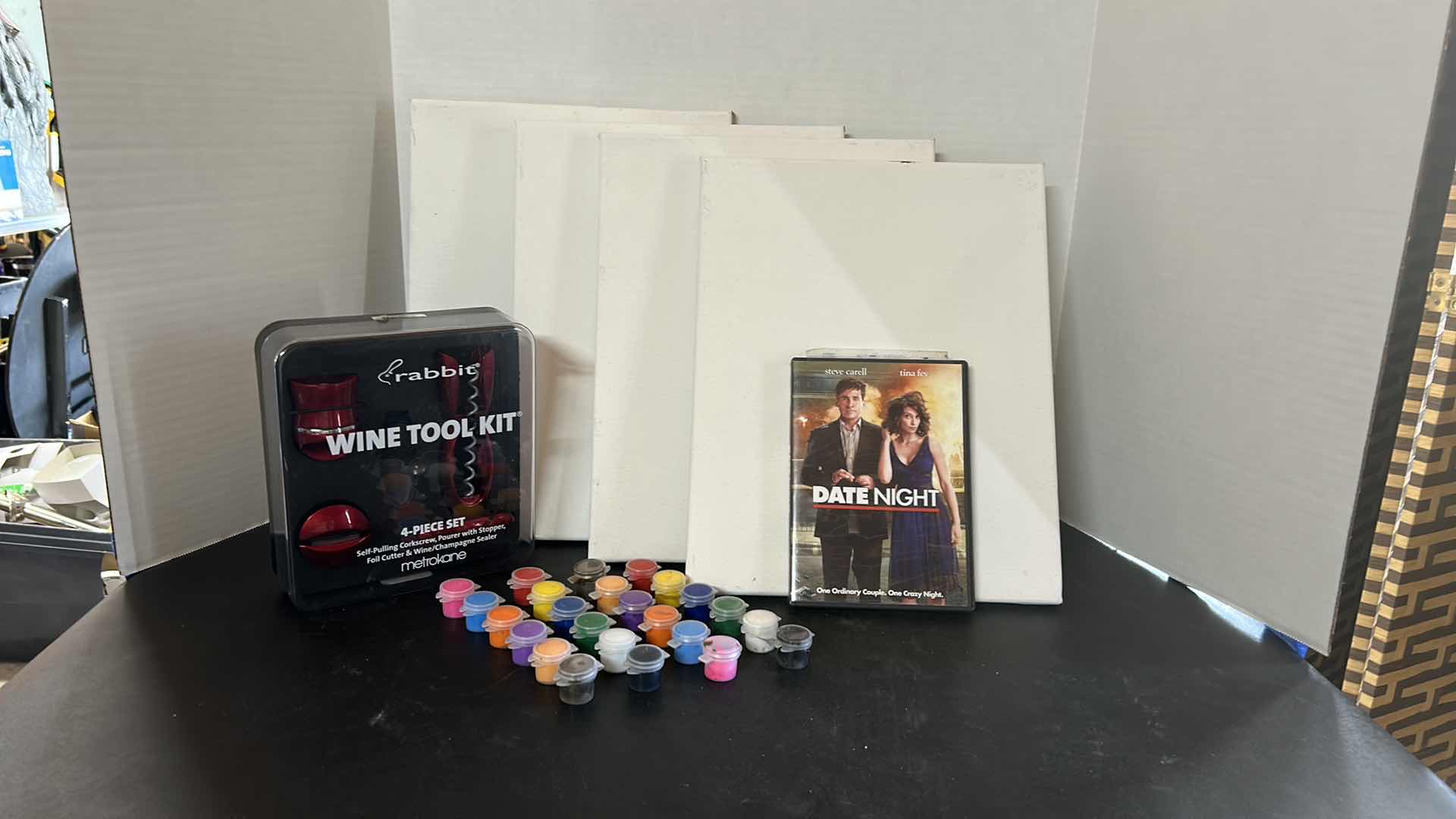 Photo 1 of WOMENS 'NIGHT IN' ASSORTMENT- 4 CANVASES w PAINT, DATE NIGHT CD AND WINE TOOL KIT