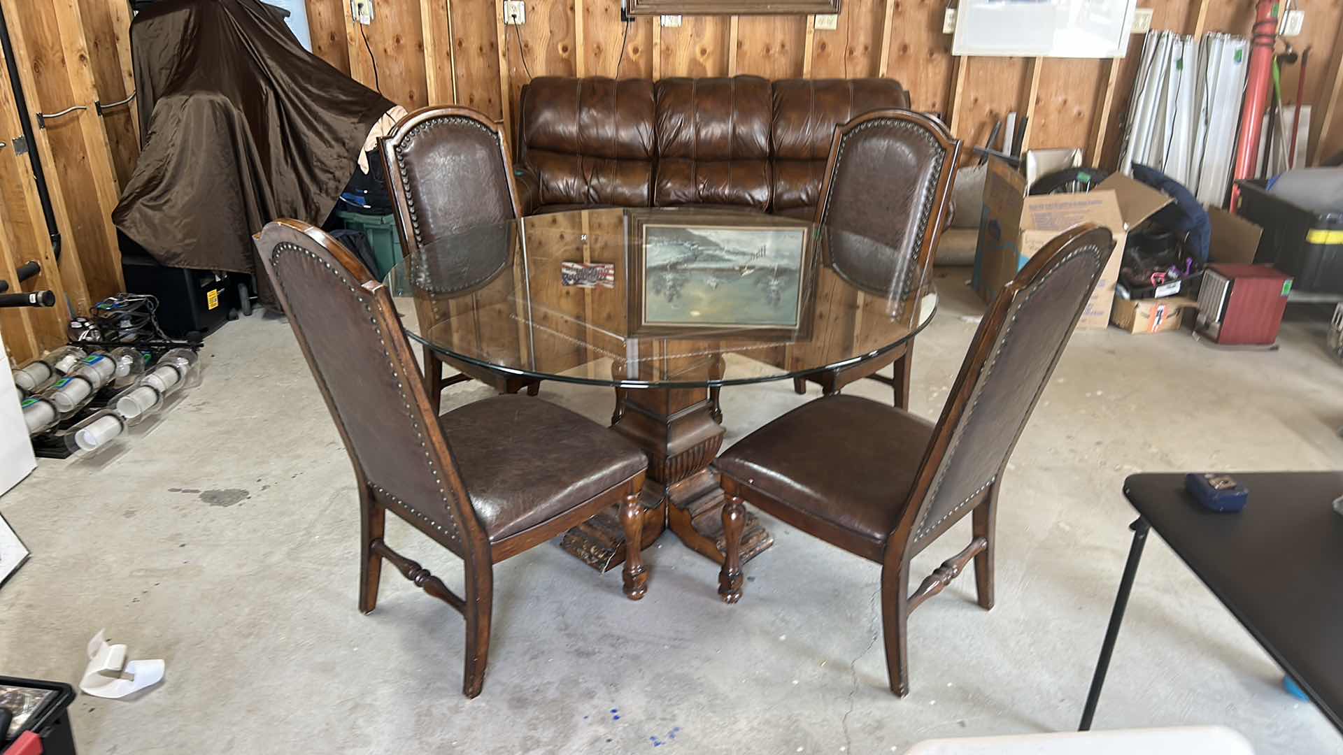 Photo 3 of WOOD GLASS TOP ROUND PEDESTAL TABLE W FOUR LEATHER AND WOOD CHAIRS 5’ x H 30”