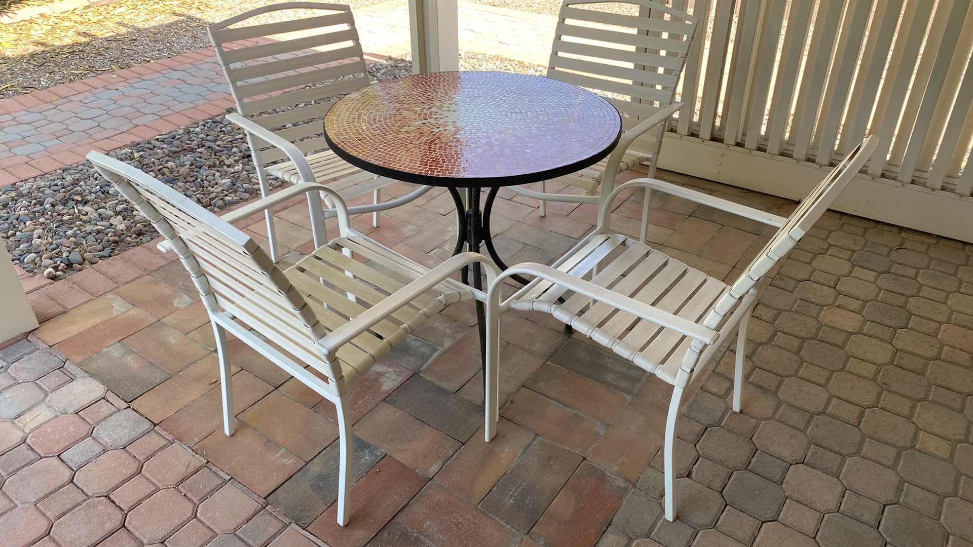 Photo 1 of MOSAIC PATIO TABLE 32” X 30.5” WITH 4 STRAP CHAIRS