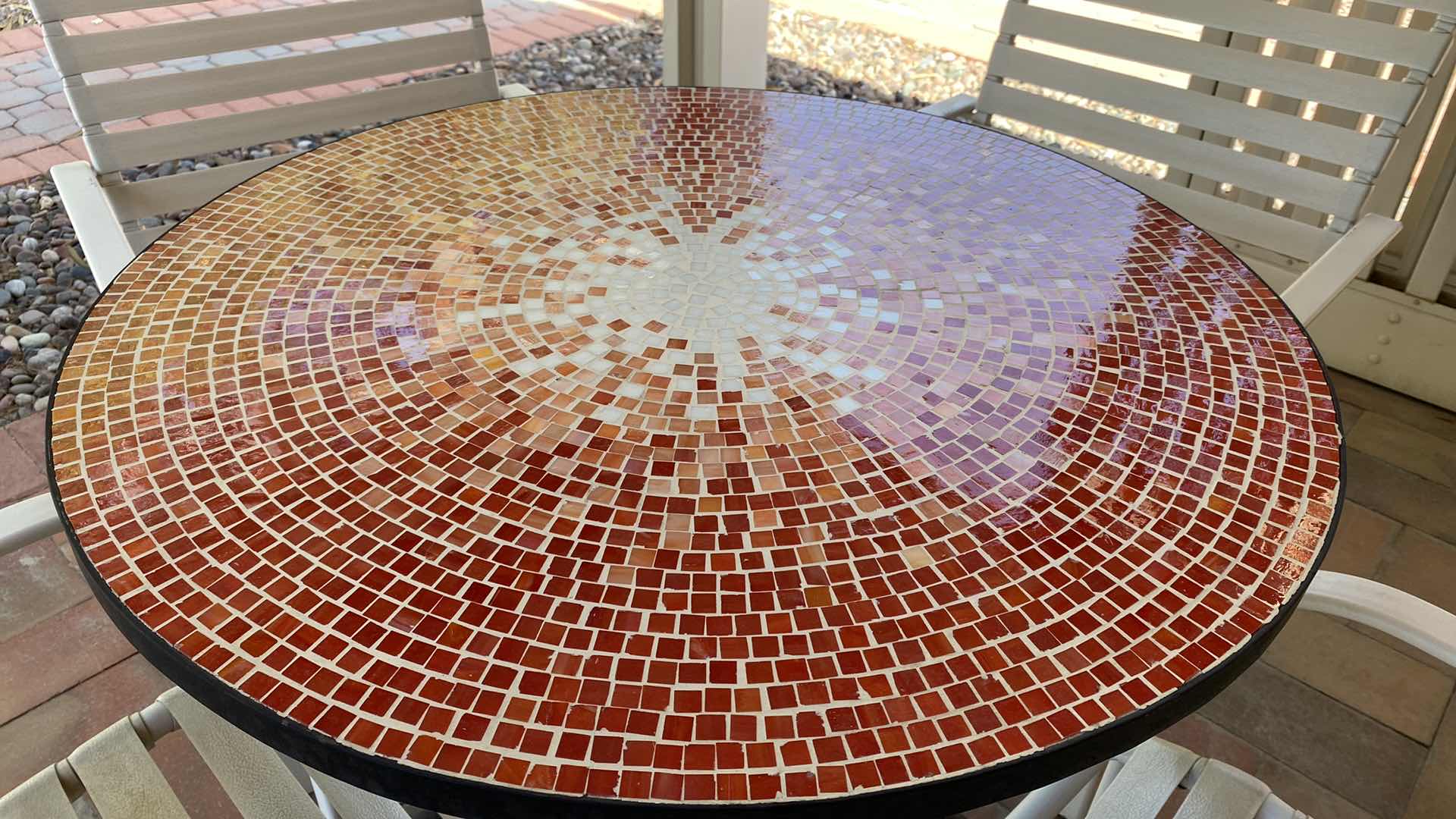 Photo 1 of MOSAIC PATIO TABLE 32” X 30.5” WITH 4 STRAP CHAIRS