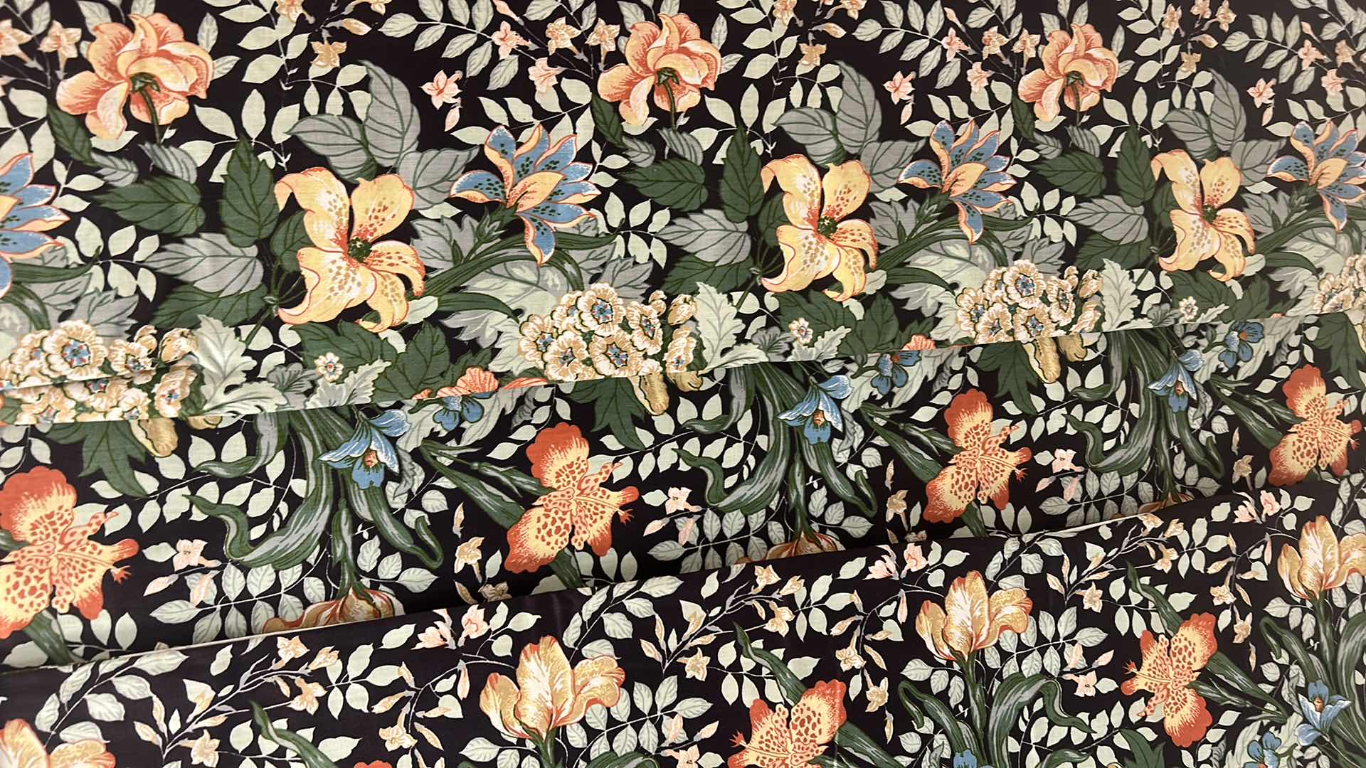 Photo 1 of FLORAL ON BLACK DRAPERY PANELS, VALANCE AND MORE W EXTRA FABRIC