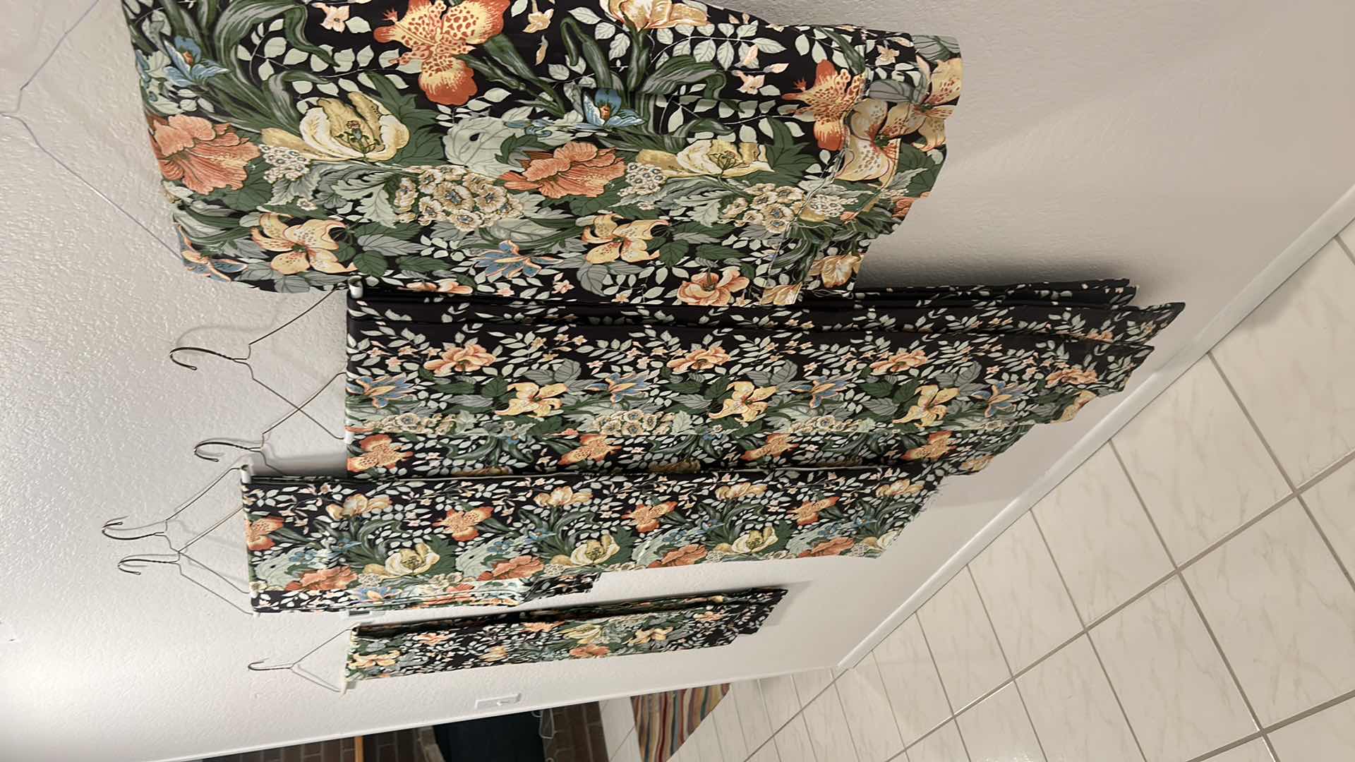 Photo 1 of FLORAL ON BLACK DRAPERY PANELS, VALANCE AND MORE W EXTRA FABRIC