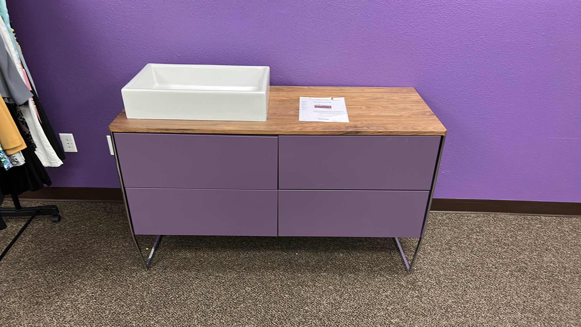 Photo 1 of PURPLE DURAVIT VANITY W 4 DRAWERS AND 18” CERAMIC SINK 