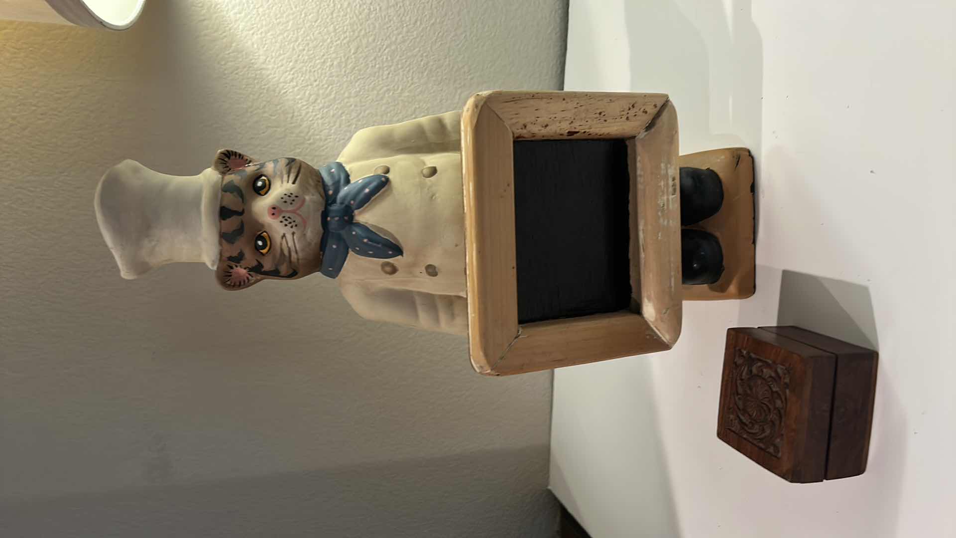Photo 1 of HOME DECOR -  CAT CHEF FIGURINE  H14.5”AND SMALL WOOD BOX