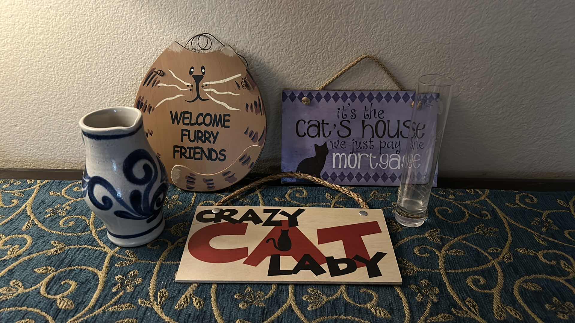 Photo 1 of HOME DECOR ASSORTMENT - 3 CAT PLAQUES, PITCHER AND CRYSTAL VASE