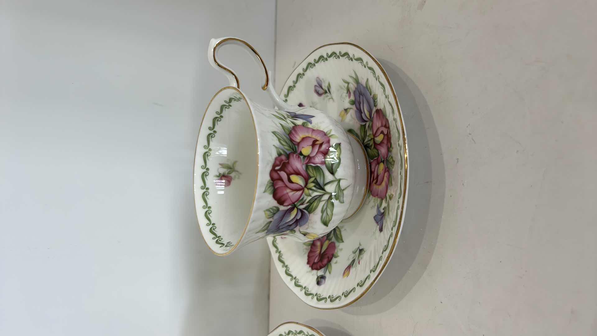 Photo 1 of 2 COLLECTIBE PORCELAIN TEACUPS AND SAUCERS, FINE BONE CHINA  FROM ENGLAND CHRISTMAS ROSE AND SWEET PEA