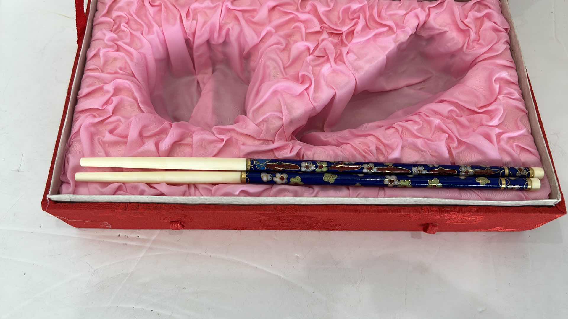 Photo 1 of CHINESE COLLECTIBLE IN BOX - POWDER HORN, SMALL Cloisonné BOWL AND CHOPSTICKS