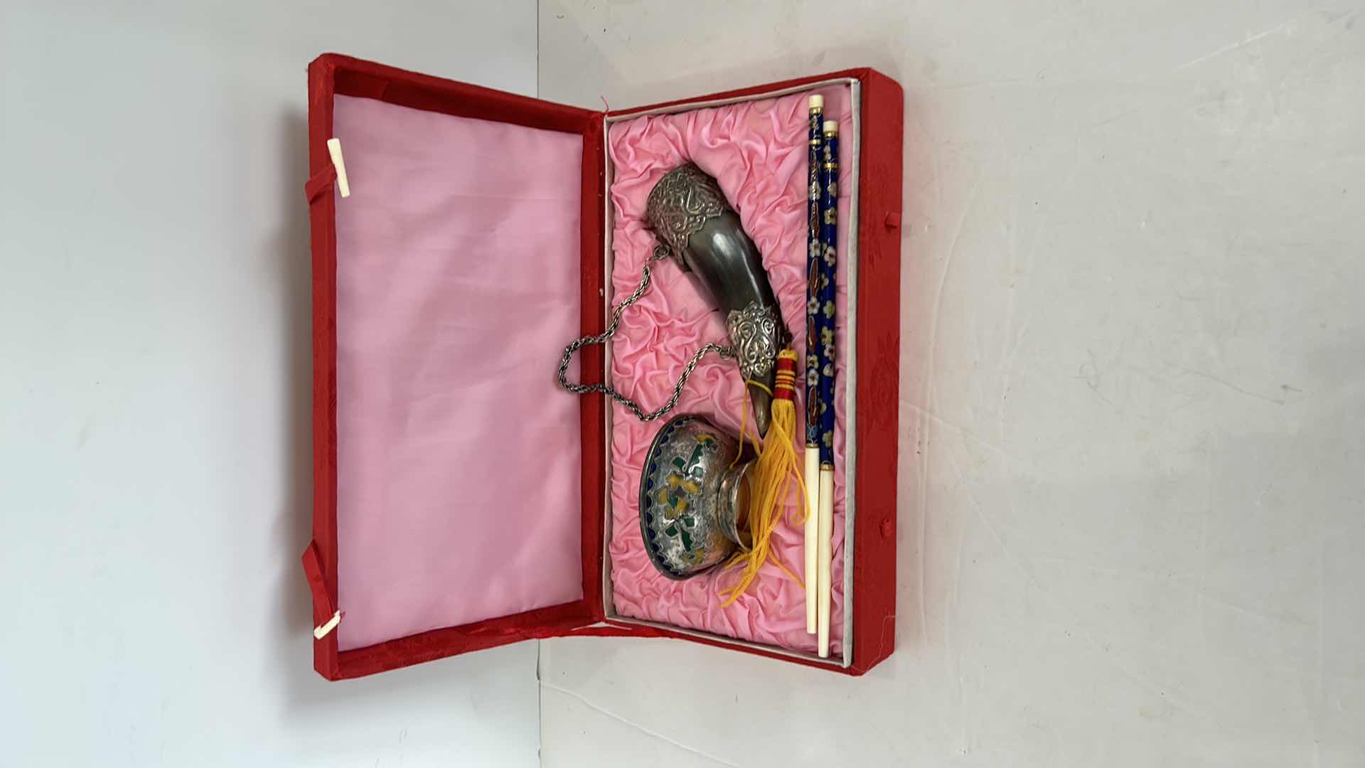 Photo 1 of CHINESE COLLECTIBLE IN BOX - POWDER HORN, SMALL Cloisonné BOWL AND CHOPSTICKS