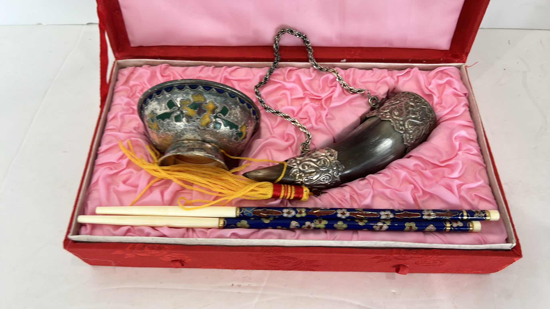 Photo 1 of CHINESE COLLECTIBLE IN BOX - POWDER HORN, SMALL Cloisonné BOWL AND CHOPSTICKS