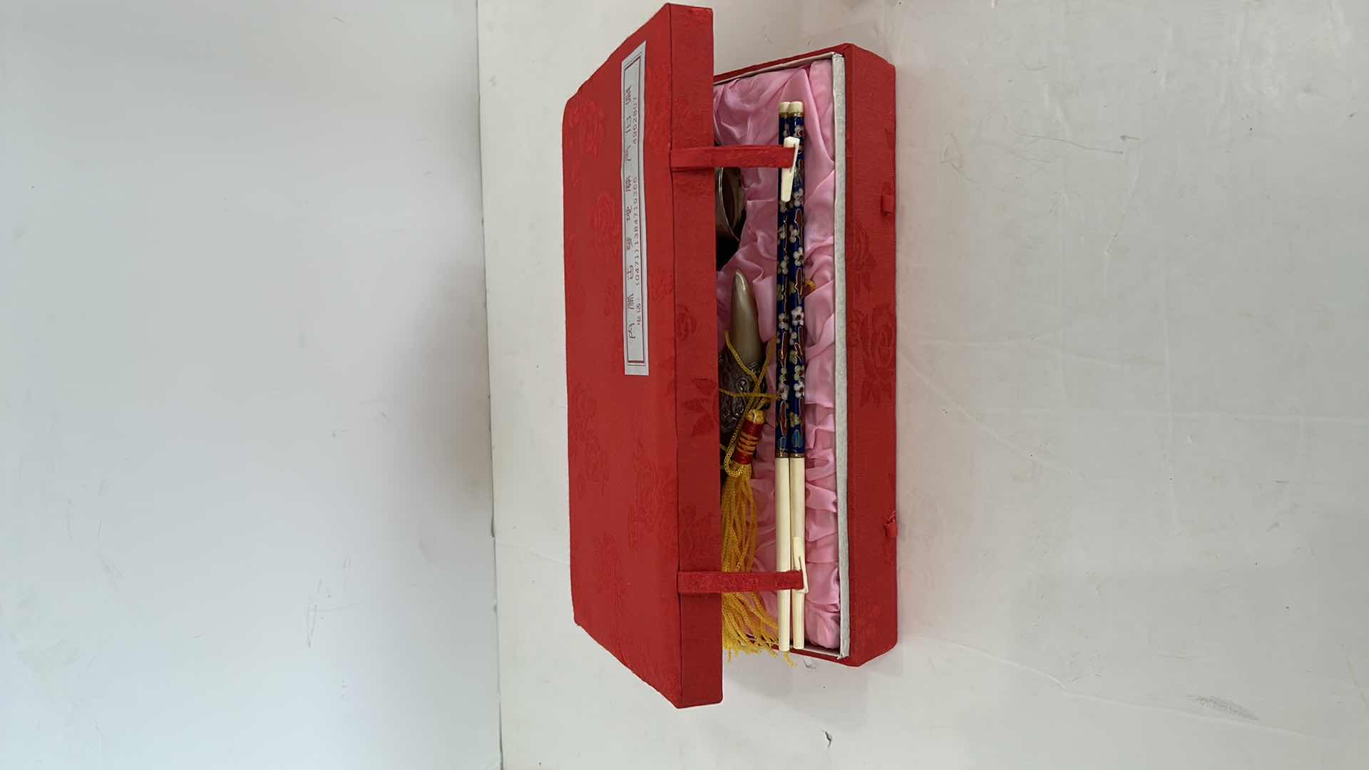 Photo 1 of CHINESE COLLECTIBLE IN BOX - POWDER HORN, SMALL Cloisonné BOWL AND CHOPSTICKS