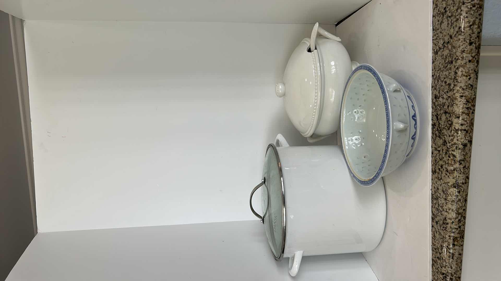 Photo 1 of 3 PC KITCHEN ASSORTMENT - LARGE ENAMEL STOCK POT 12“ x 10“, SOUP TUREEN AND CERAMIC BOWL 