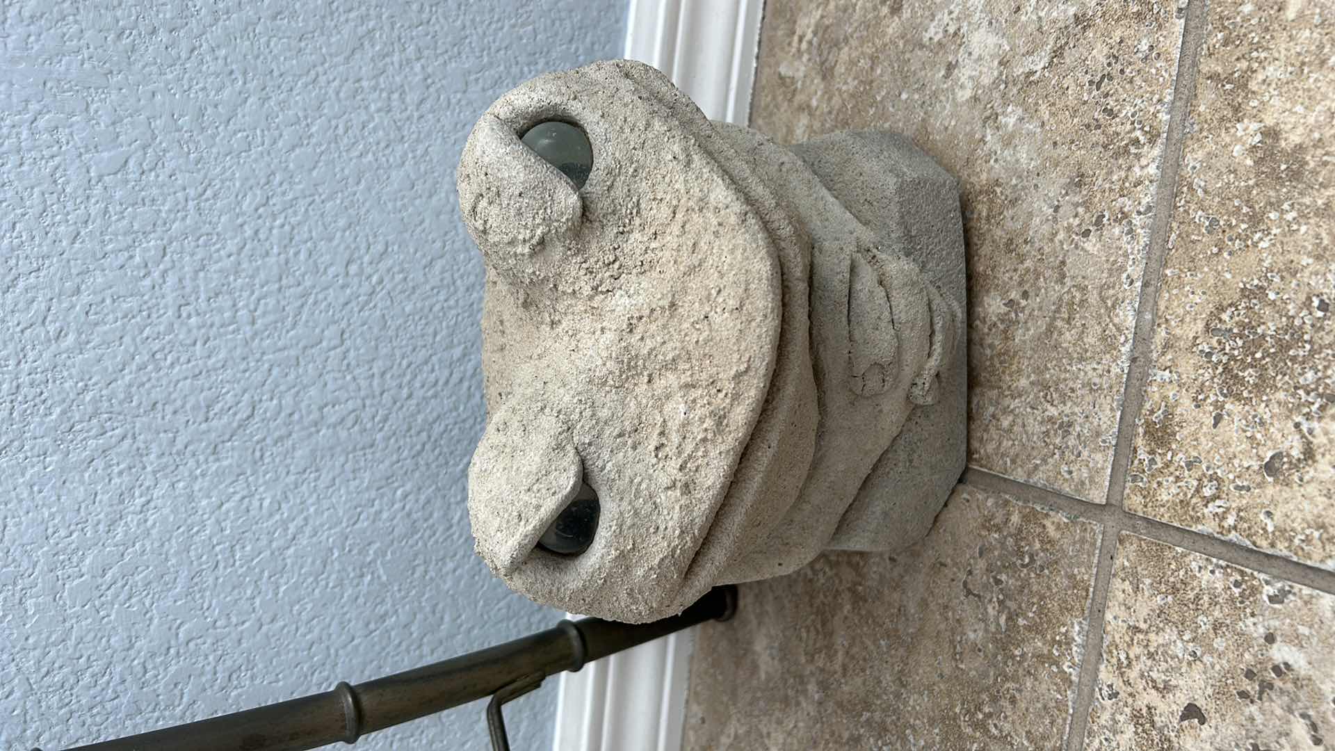 Photo 1 of OUTDOOR DECOR 2  PIECE - METAL BAMBOO PLANT STAND  H 28”AND HEAVY CERAMIC FROG  W SIGNATURE RANKIN