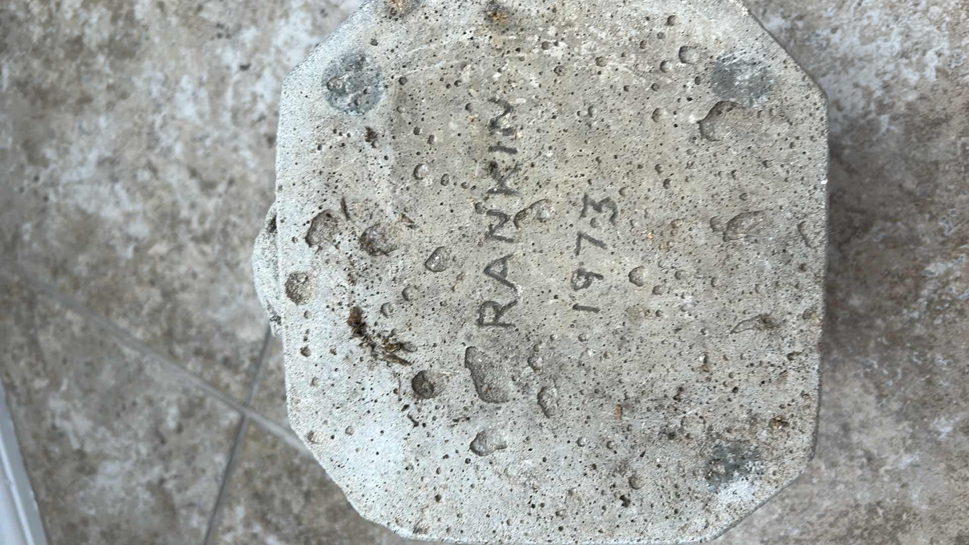 Photo 1 of OUTDOOR DECOR 2  PIECE - METAL BAMBOO PLANT STAND  H 28”AND HEAVY CERAMIC FROG  W SIGNATURE RANKIN