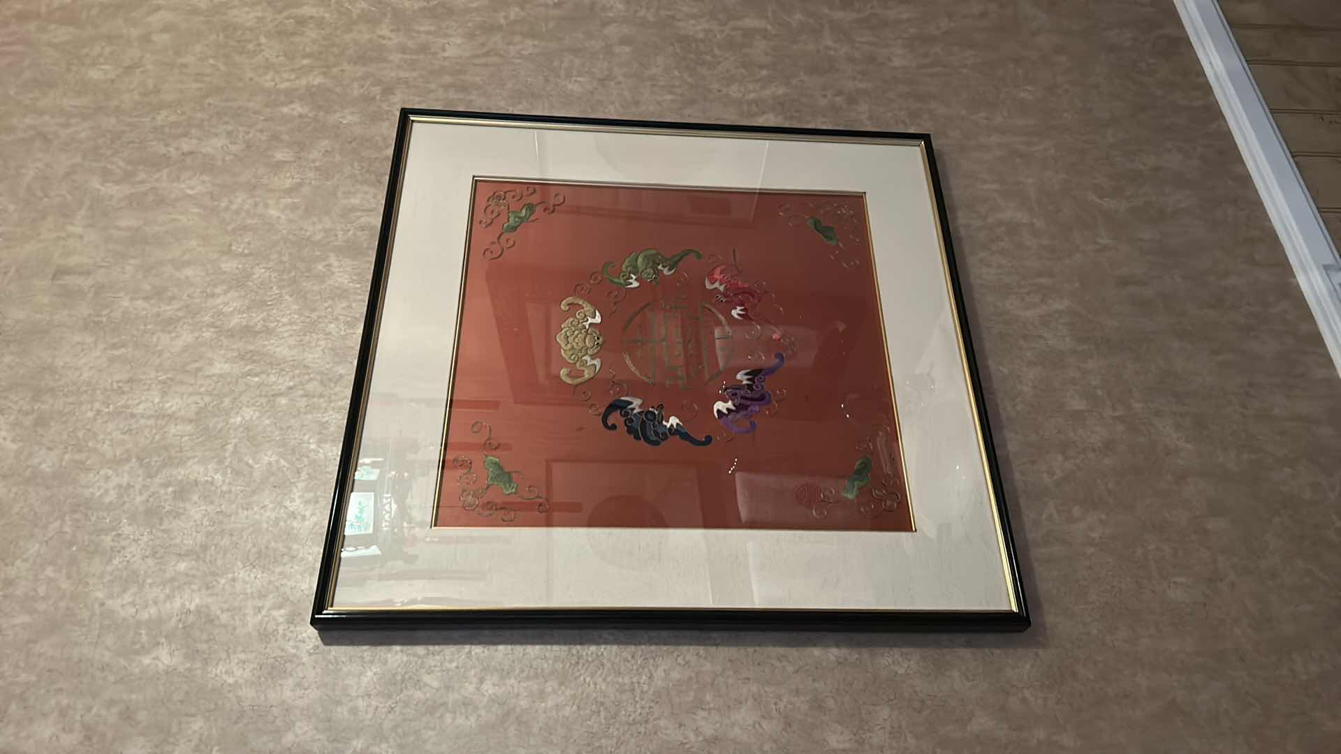 Photo 1 of ANTIQUE CHINESE TEXTILE FABRIC, SILK WITH SILK THREAD HAND EMBROIDERY ARTWORK FRAMED 18" X 18"