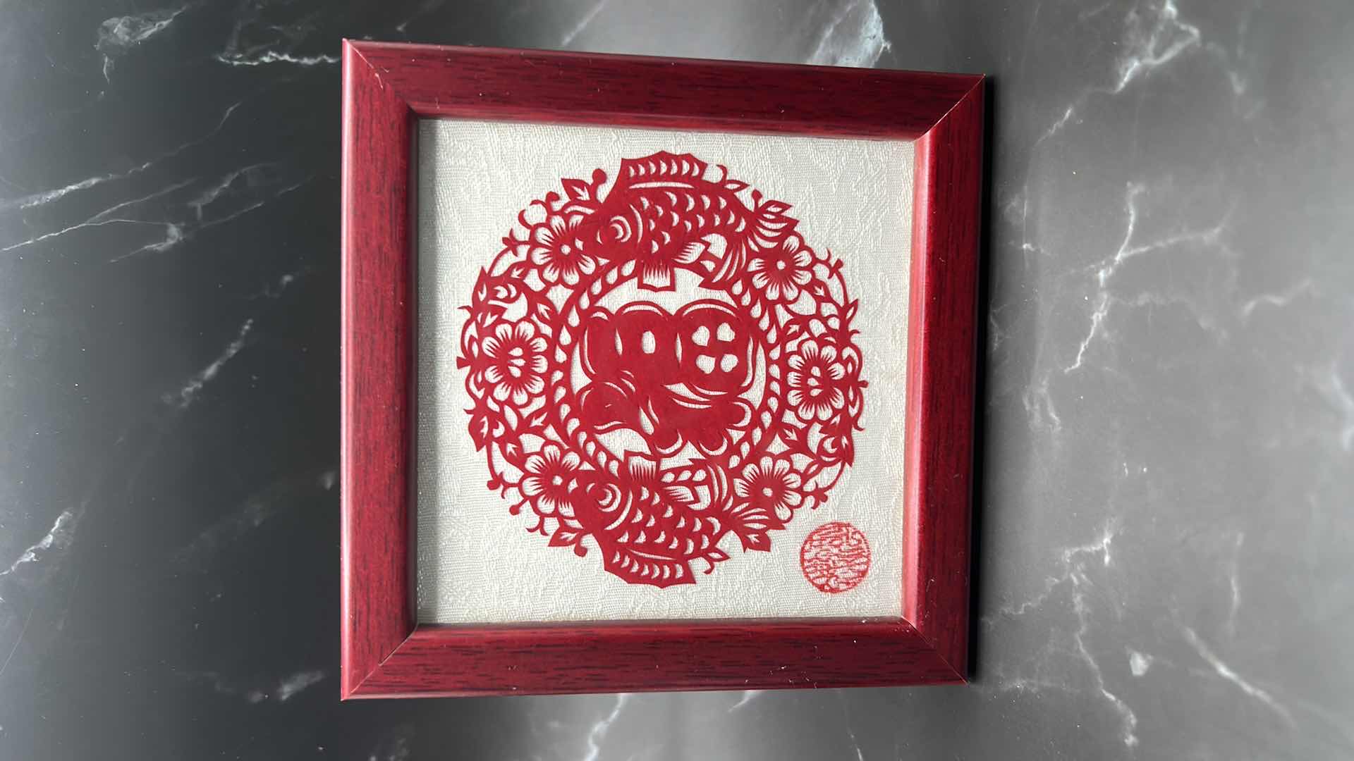 Photo 1 of 2- CHINESE COLLECTIBLES- STAMPED NUMBERED PORCELAIN PANDA BEAR. FRAMED SILK FABRIC W SILK THREADS (panda bear is 3 1/2” x 2”)