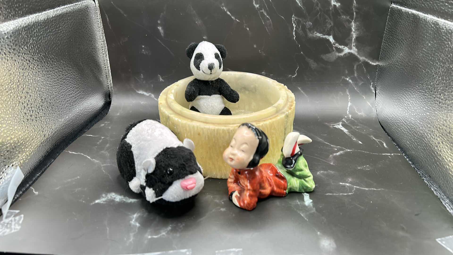 Photo 1 of THREE SMALL COLLECTIBLES WITH MARBLE BOWL (BOWL 6” x 3”)