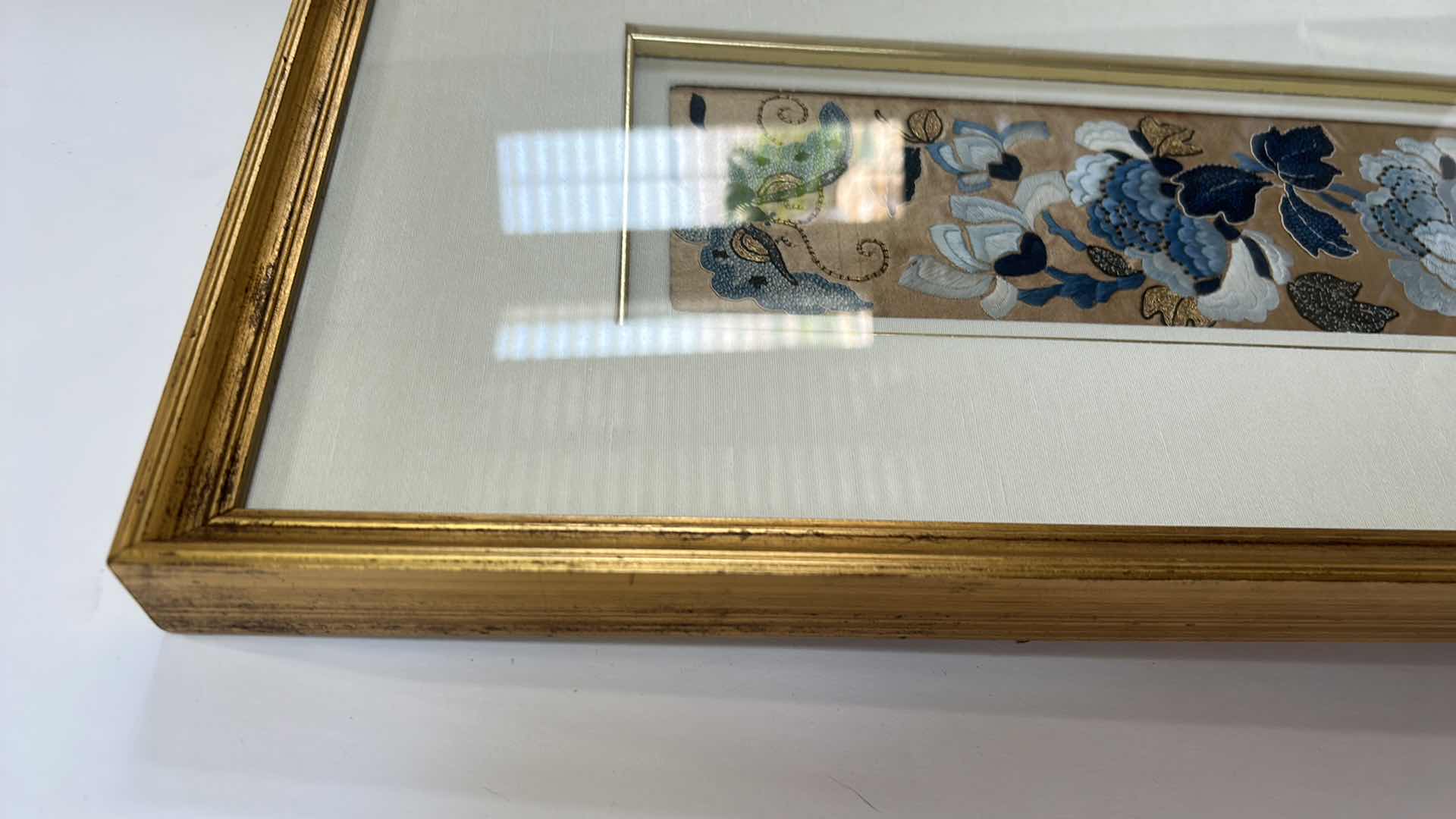 Photo 1 of ANTIQUE CHINESE TEXTILE FABRIC, SILK WITH SILK THREAD HAND EMBROIDERY ARTWORK FRAMED 10” x 26 1/2”