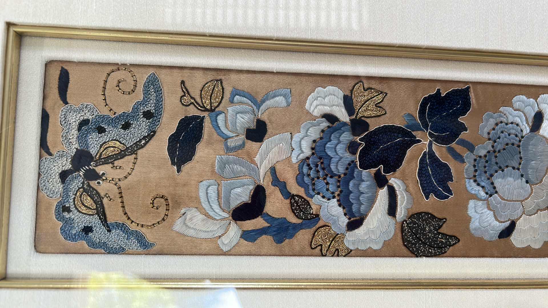 Photo 1 of ANTIQUE CHINESE TEXTILE FABRIC, SILK WITH SILK THREAD HAND EMBROIDERY ARTWORK FRAMED 10” x 26 1/2”
