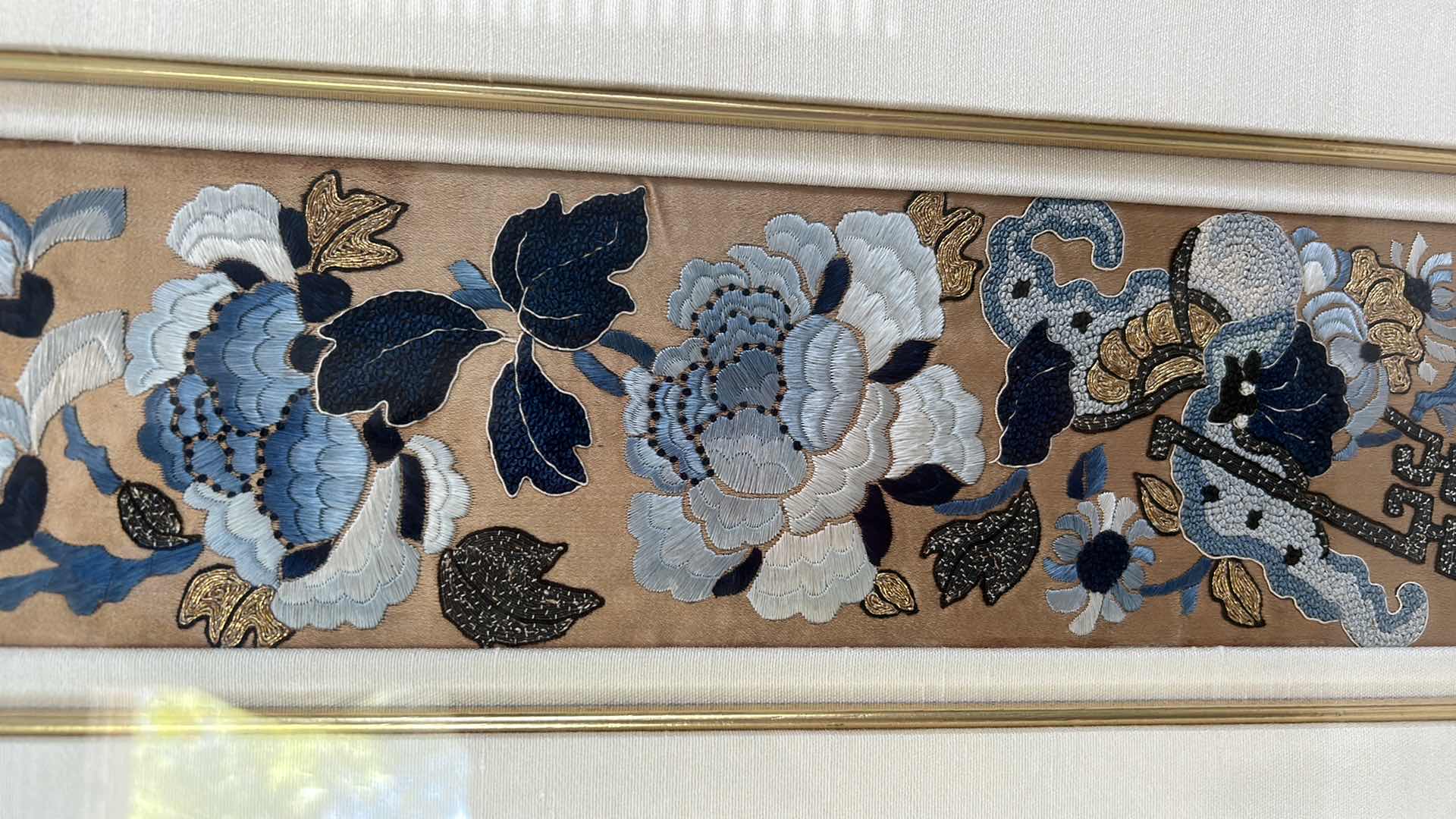 Photo 1 of ANTIQUE CHINESE TEXTILE FABRIC, SILK WITH SILK THREAD HAND EMBROIDERY ARTWORK FRAMED 10” x 26 1/2”
