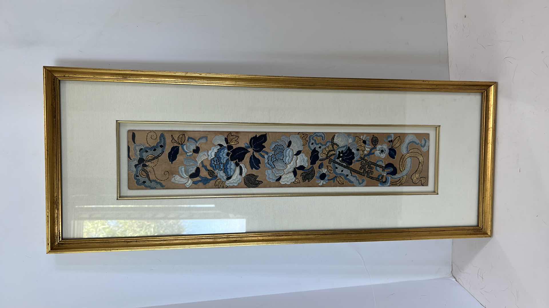 Photo 1 of ANTIQUE CHINESE TEXTILE FABRIC, SILK WITH SILK THREAD HAND EMBROIDERY ARTWORK FRAMED 10” x 26 1/2”
