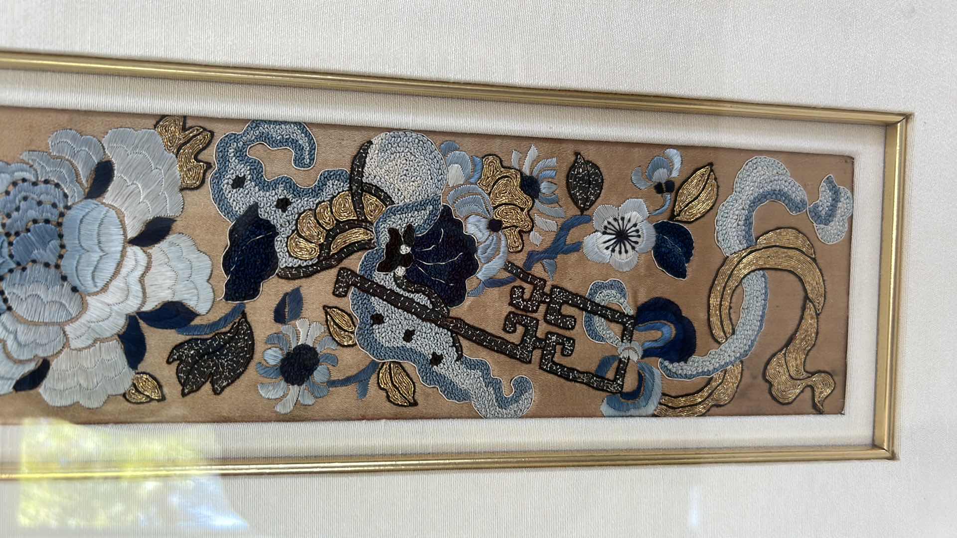Photo 1 of ANTIQUE CHINESE TEXTILE FABRIC, SILK WITH SILK THREAD HAND EMBROIDERY ARTWORK FRAMED 10” x 26 1/2”