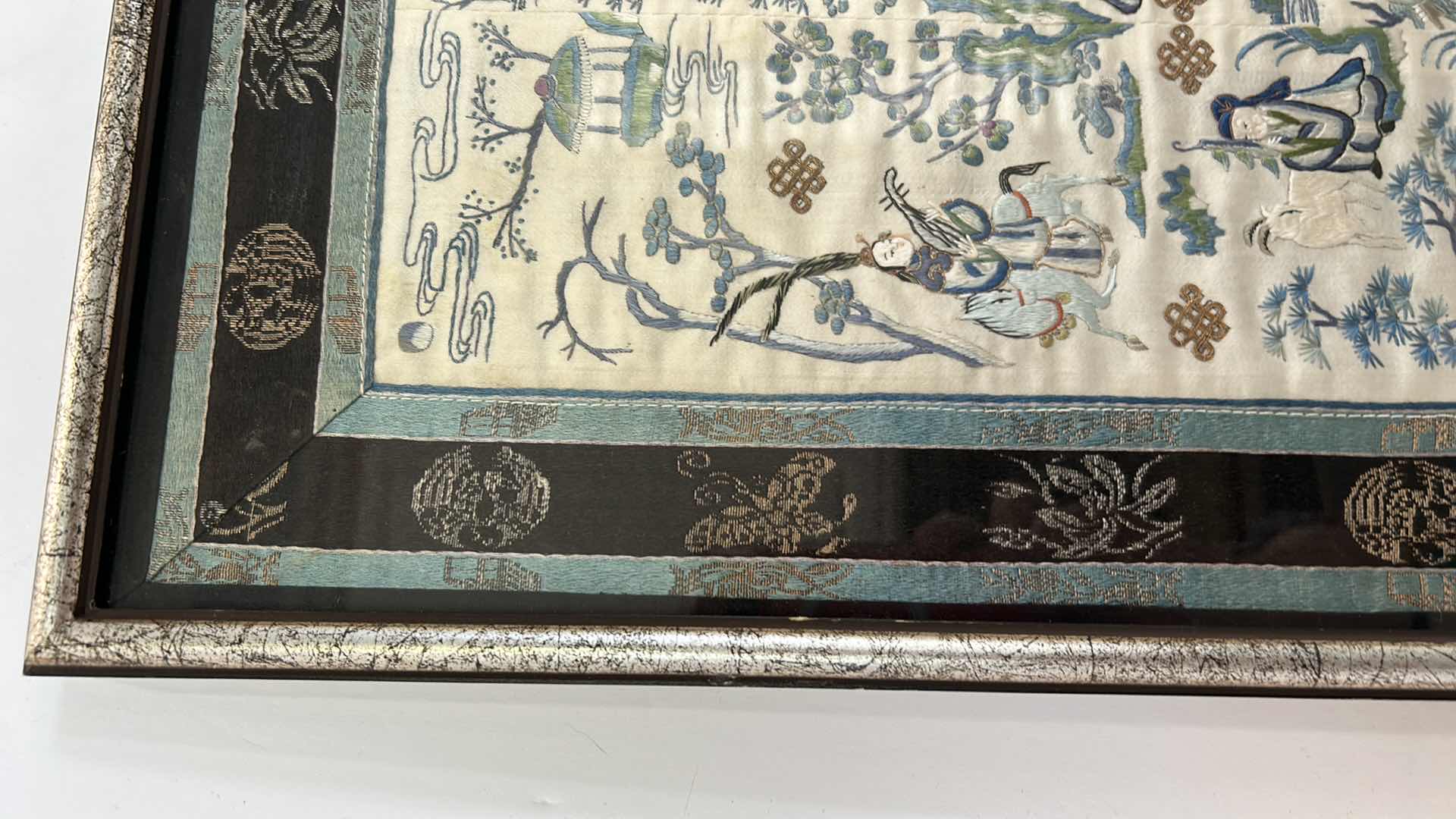 Photo 1 of ANTIQUE CHINESE TEXTILE FABRIC, SILK WITH SILK THREAD HAND EMBROIDERY FRAMED