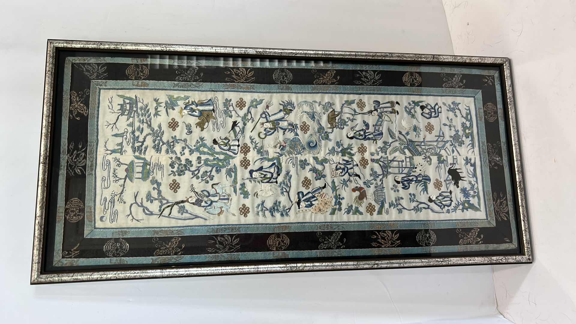 Photo 1 of ANTIQUE CHINESE TEXTILE FABRIC, SILK WITH SILK THREAD HAND EMBROIDERY FRAMED