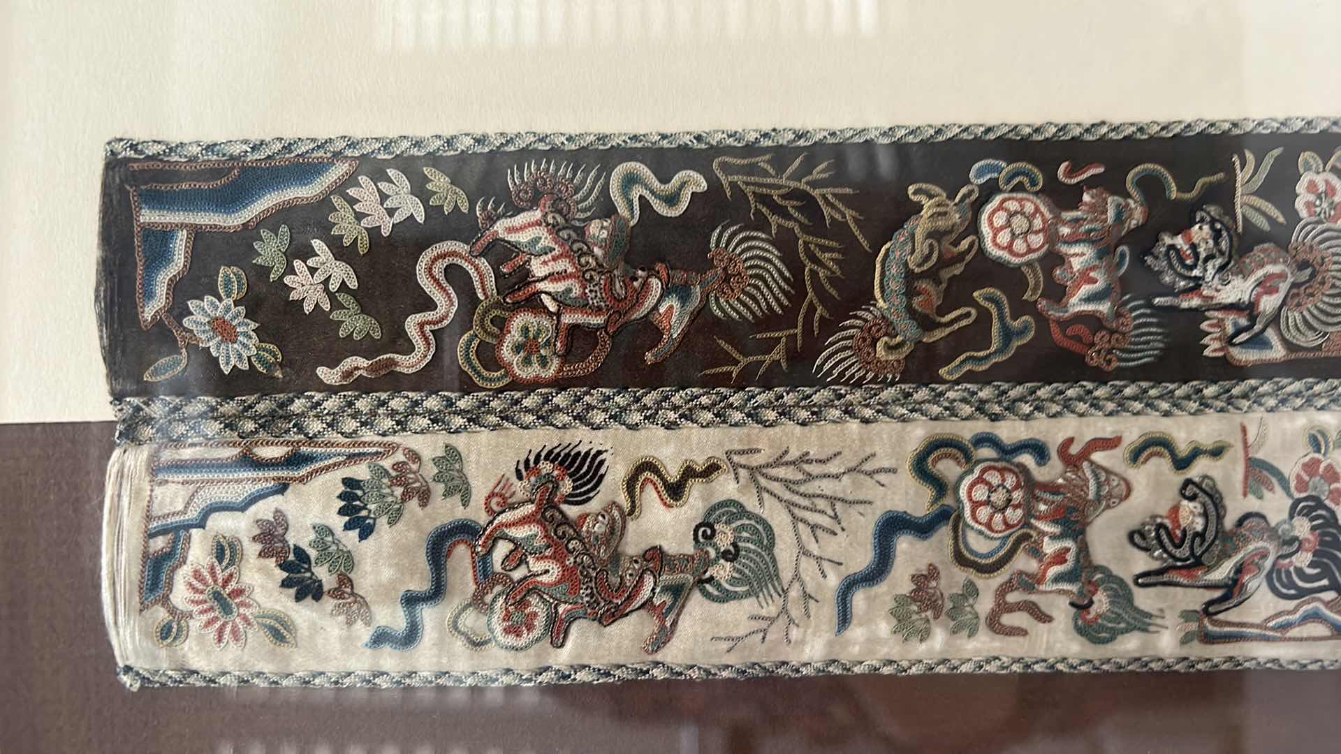 Photo 1 of ANTIQUE CHINESE TEXTILE FABRIC, SILK WITH SILK THREAD HAND EMBROIDERY ARTWORK FRAMED   9” x 17