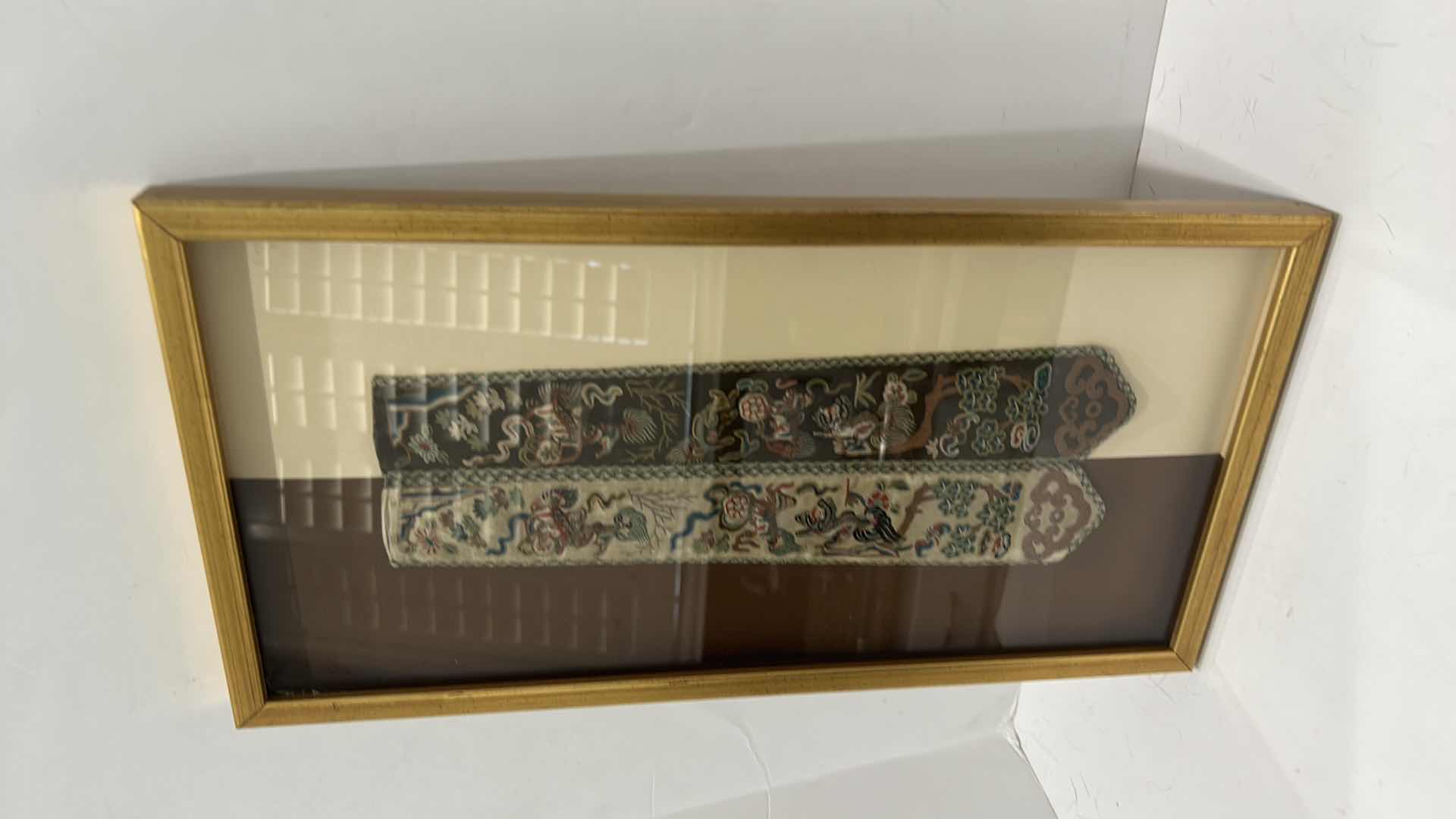 Photo 1 of ANTIQUE CHINESE TEXTILE FABRIC, SILK WITH SILK THREAD HAND EMBROIDERY ARTWORK FRAMED   9” x 17