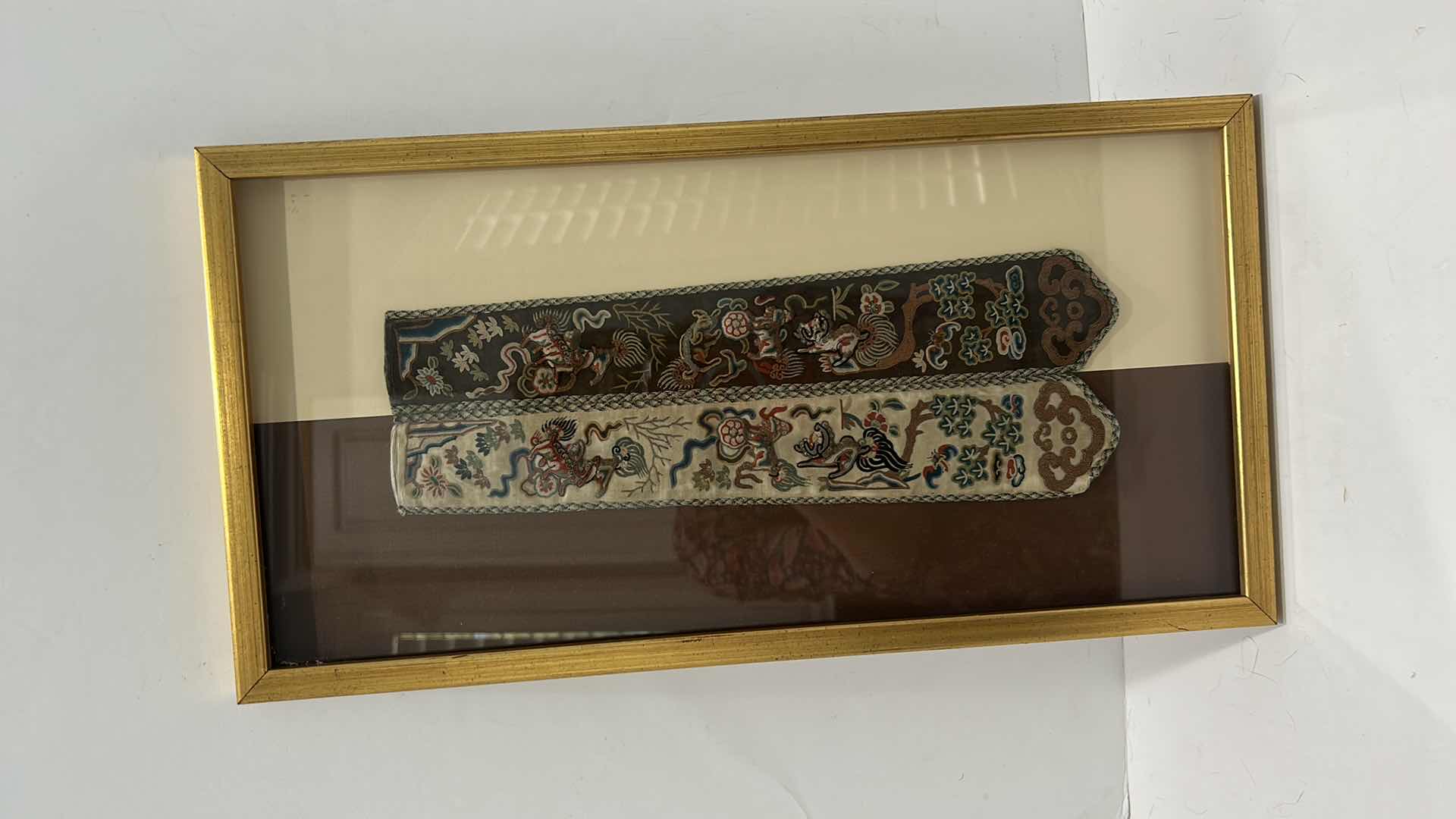 Photo 1 of ANTIQUE CHINESE TEXTILE FABRIC, SILK WITH SILK THREAD HAND EMBROIDERY ARTWORK FRAMED   9” x 17