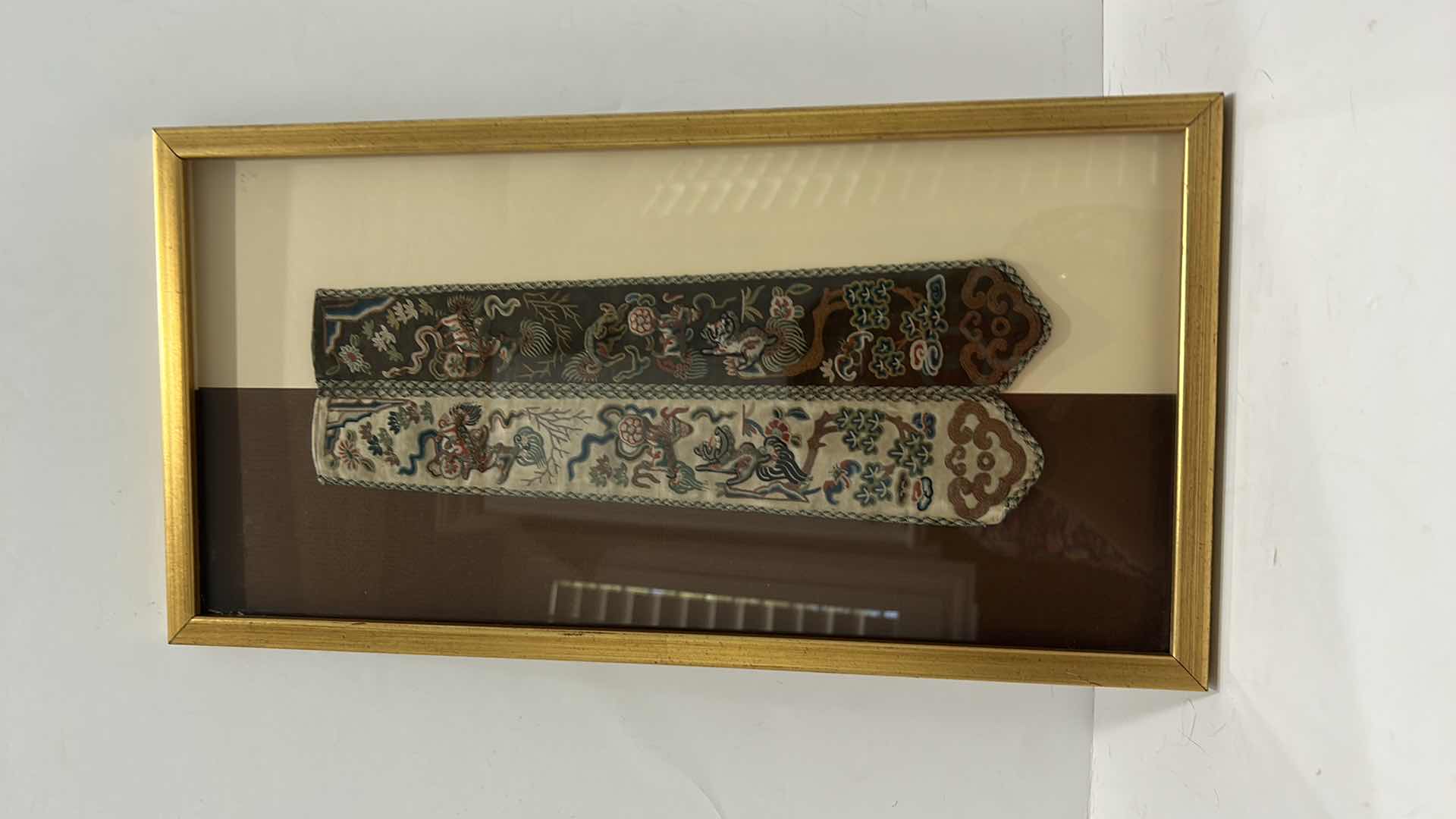 Photo 1 of ANTIQUE CHINESE TEXTILE FABRIC, SILK WITH SILK THREAD HAND EMBROIDERY ARTWORK FRAMED   9” x 17