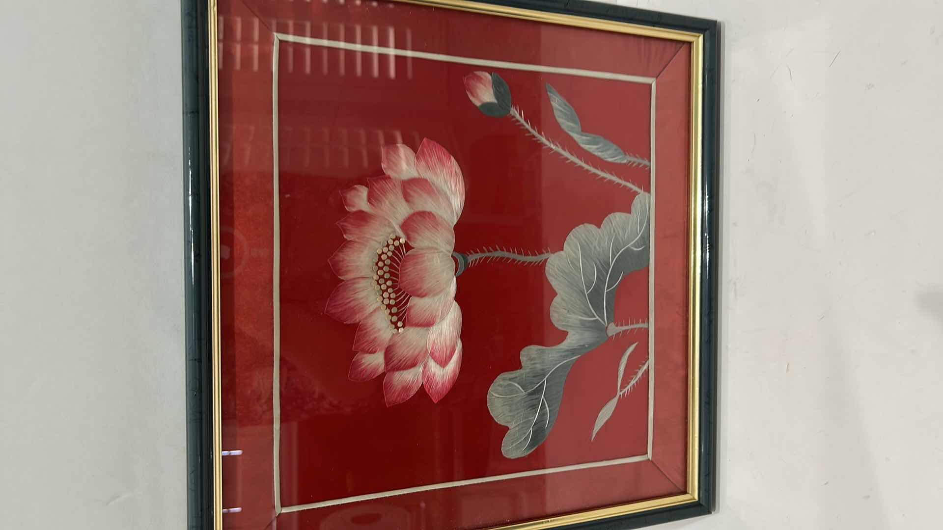 Photo 1 of ANTIQUE CHINESE TEXTILE FABRIC, SILK WITH SILK THREAD HAND EMBROIDERY ARTWORK FRAMED 13 1/2” x 13 1/2”