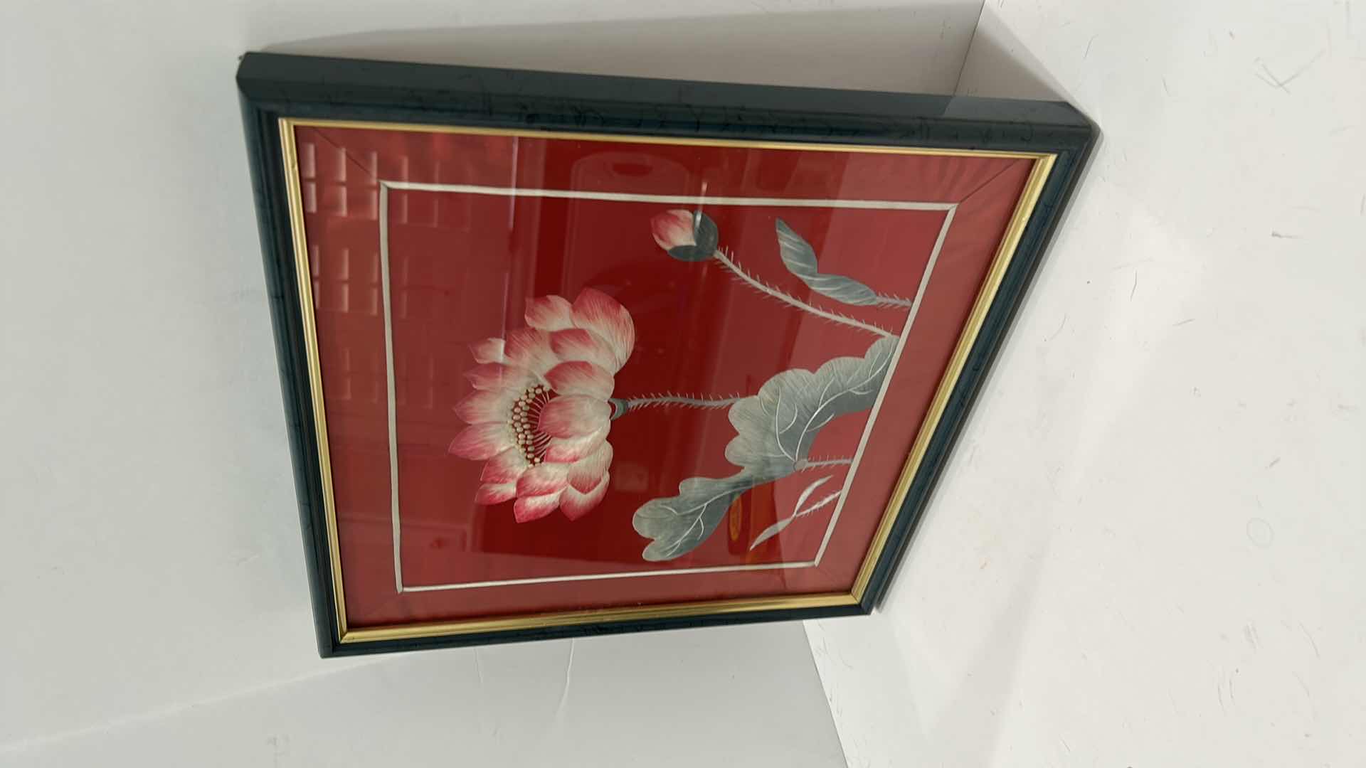 Photo 1 of ANTIQUE CHINESE TEXTILE FABRIC, SILK WITH SILK THREAD HAND EMBROIDERY ARTWORK FRAMED 13 1/2” x 13 1/2”