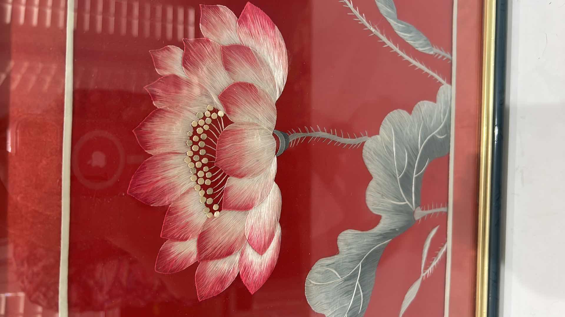 Photo 1 of ANTIQUE CHINESE TEXTILE FABRIC, SILK WITH SILK THREAD HAND EMBROIDERY ARTWORK FRAMED 13 1/2” x 13 1/2”